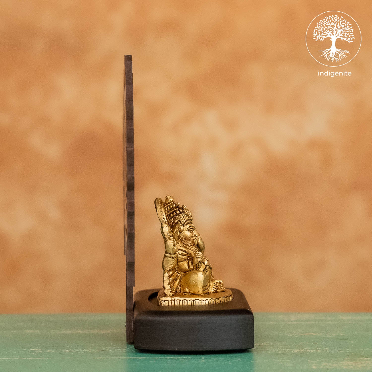Lord Ganesh Sitting Under Tree in Wooden Base - Brass Decorative