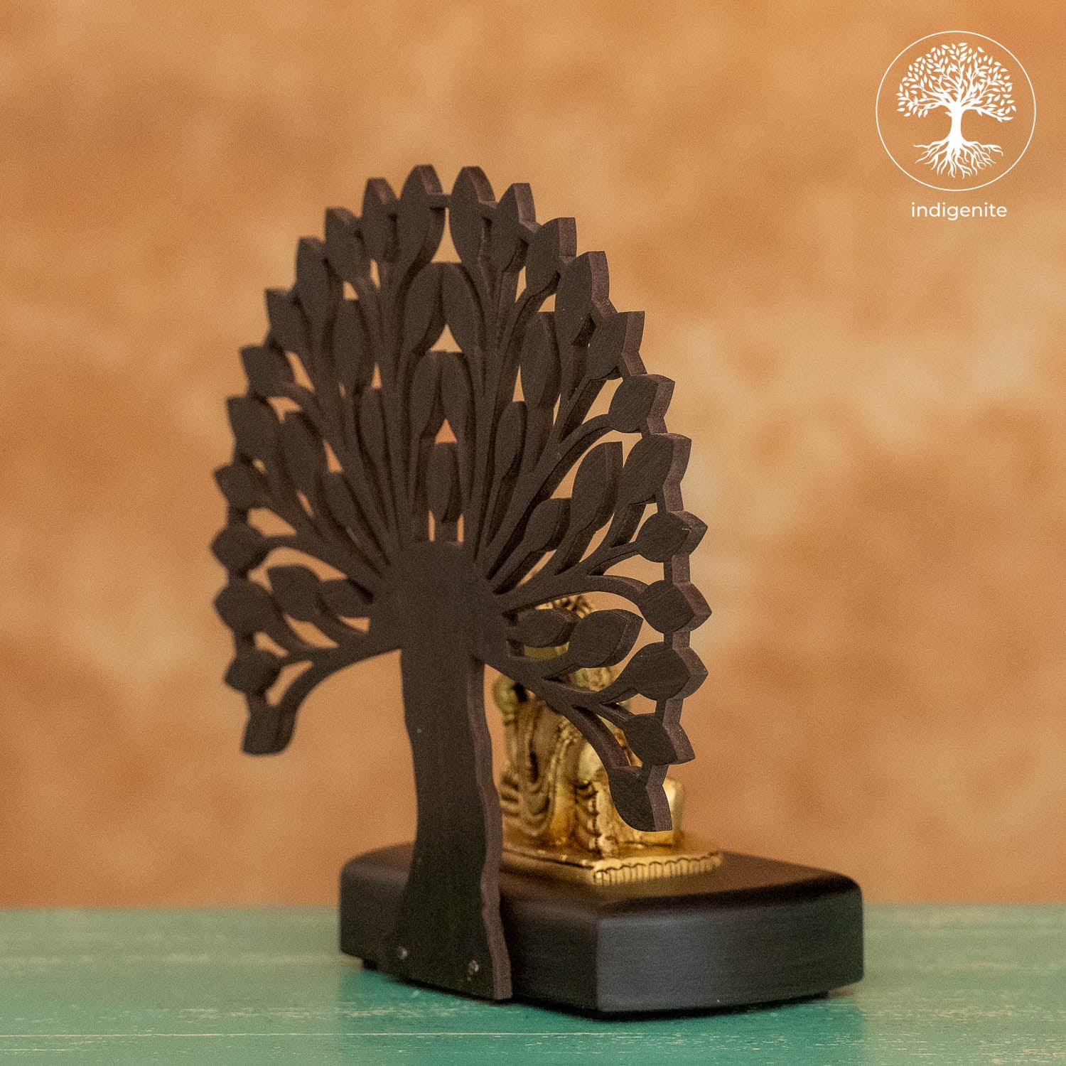 Lord Ganesh Sitting Under Tree in Wooden Base - Brass Decorative