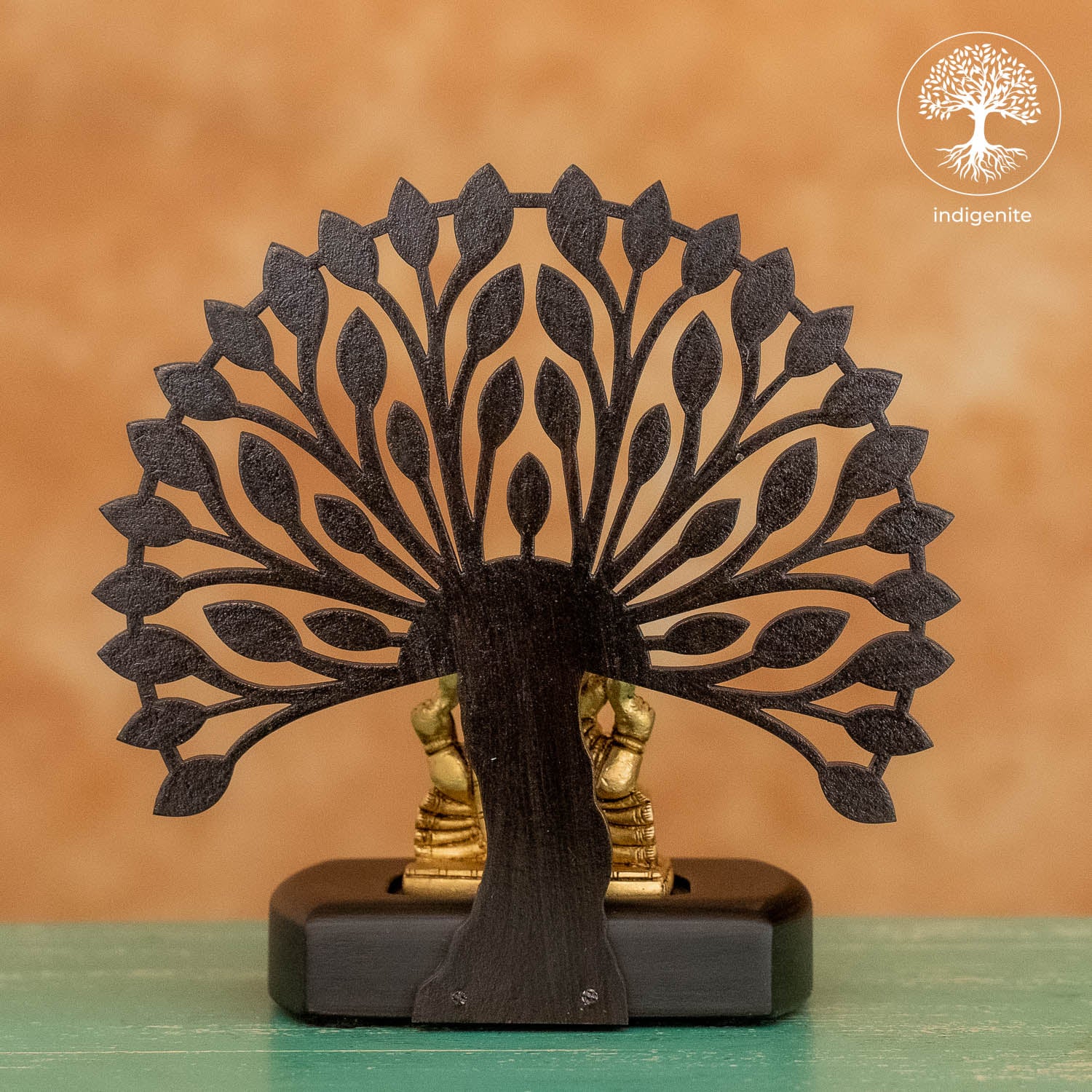 Lord Ganesh Sitting Under Tree in Wooden Base - Brass Decorative