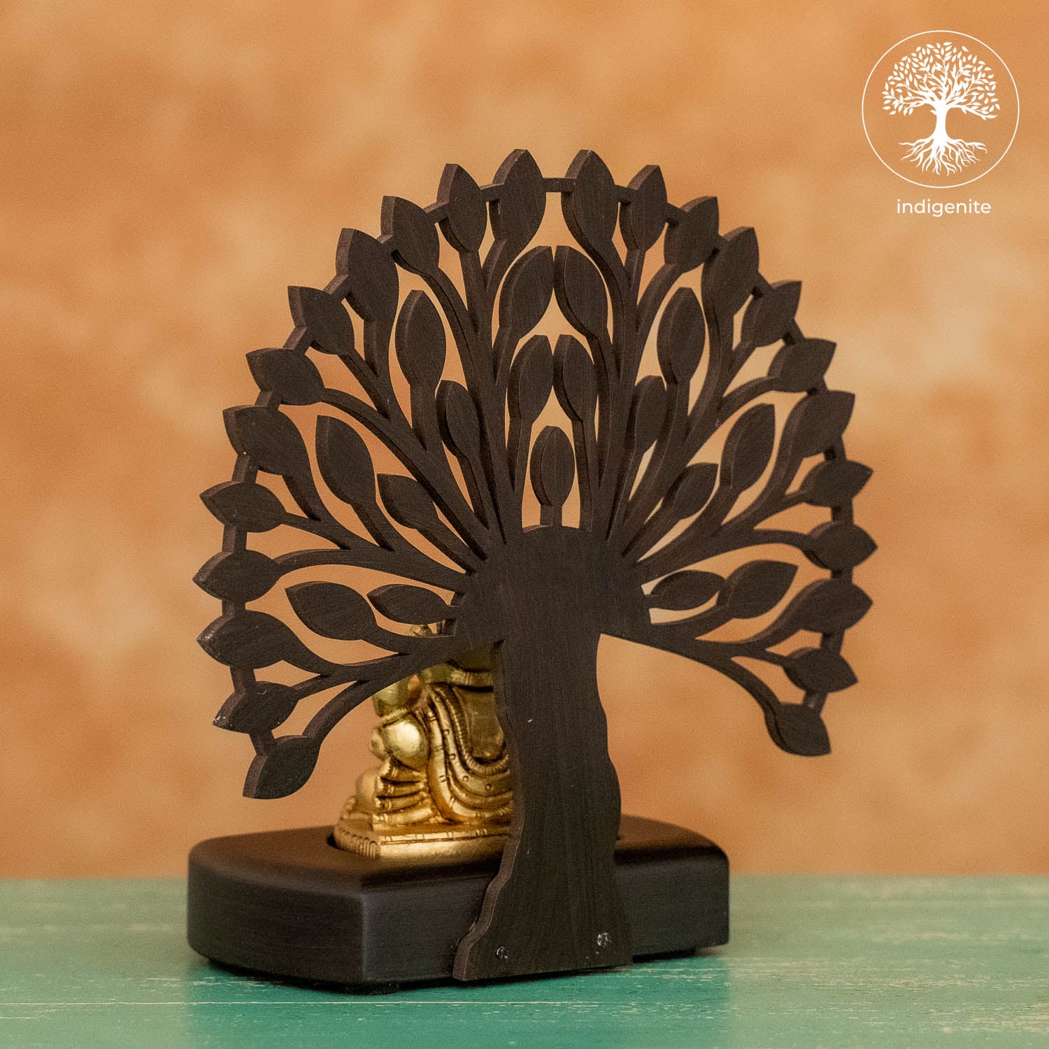 Lord Ganesh Sitting Under Tree in Wooden Base - Brass Decorative