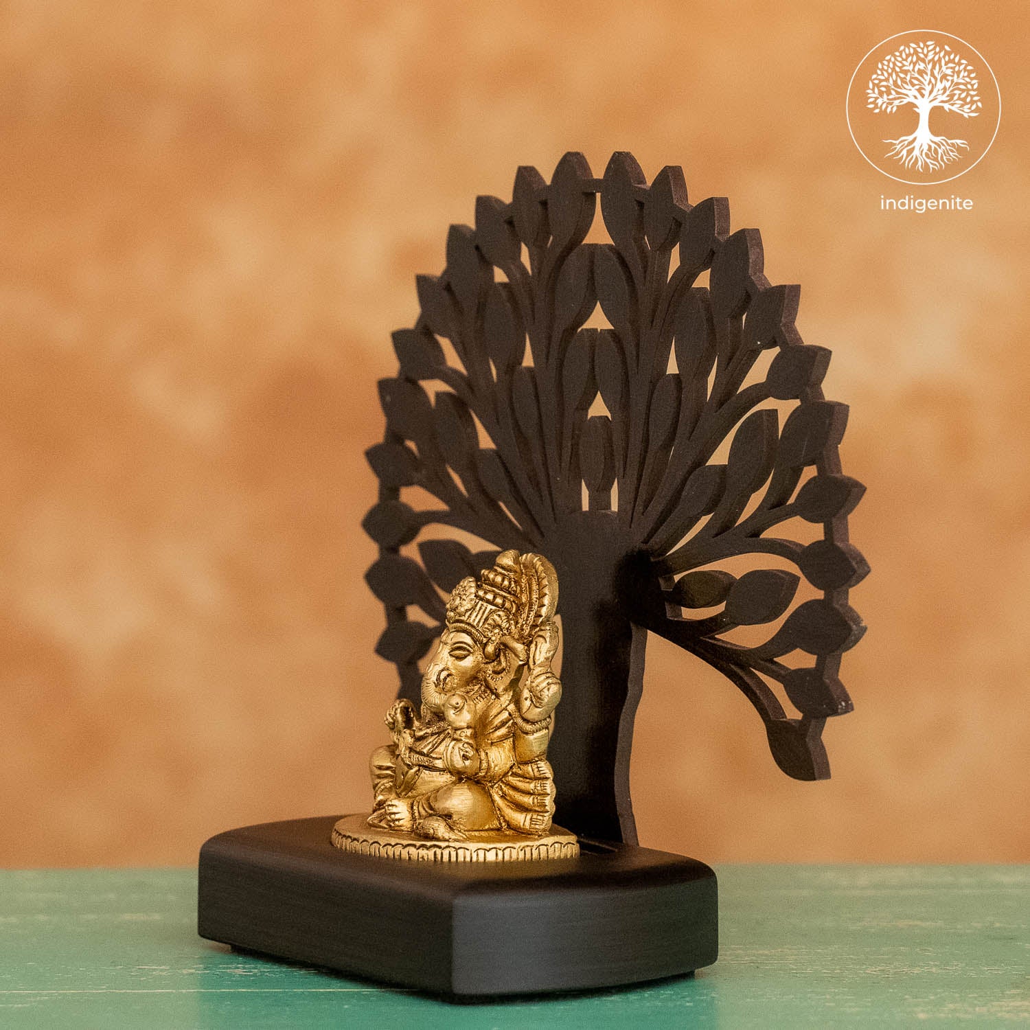 Lord Ganesh Sitting Under Tree in Wooden Base - Brass Decorative