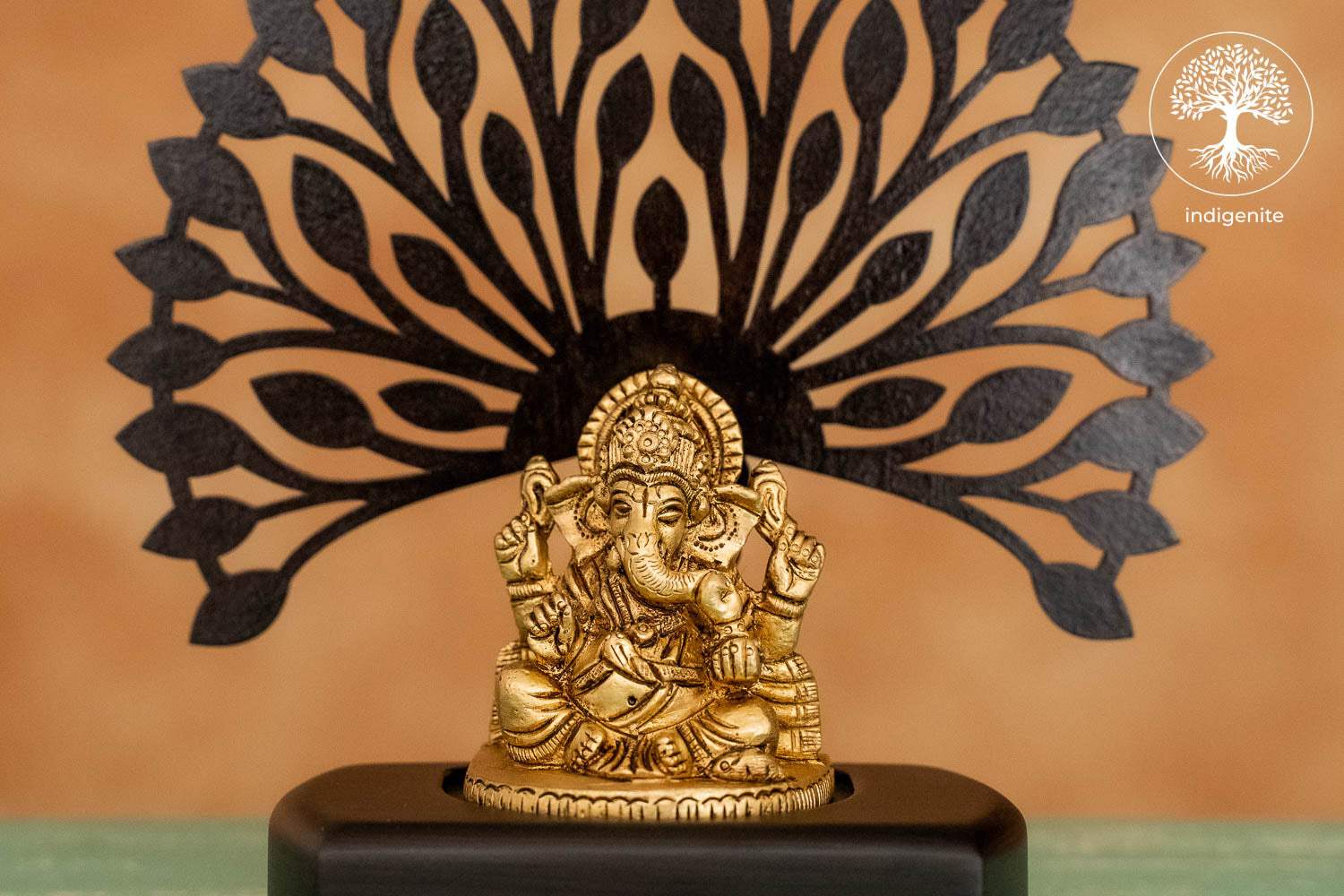 Lord Ganesh Sitting Under Tree in Wooden Base - Brass Decorative