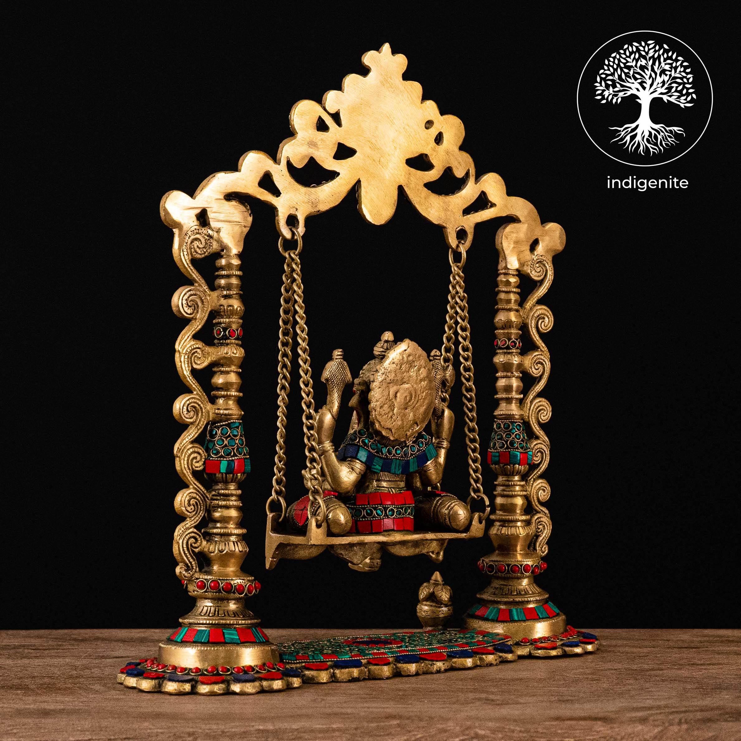 Lord Ganesh on Swing - Brass Statue with Stonework