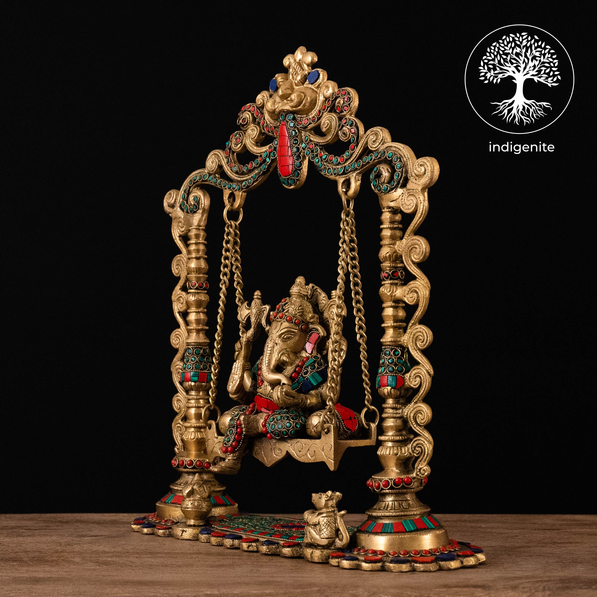 Lord Ganesh on Swing - Brass Statue with Stonework