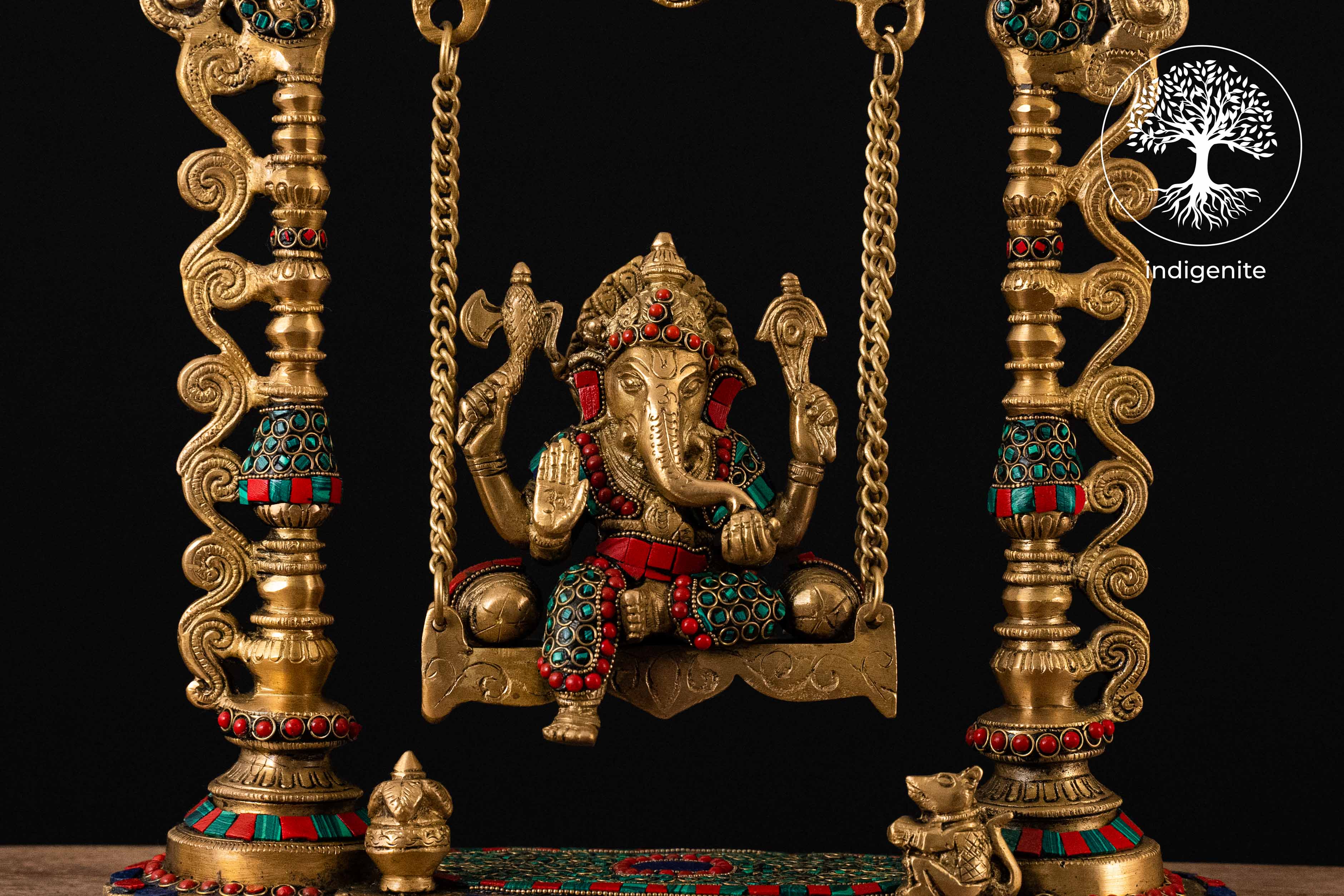 Lord Ganesh on Swing - Brass Statue with Stonework