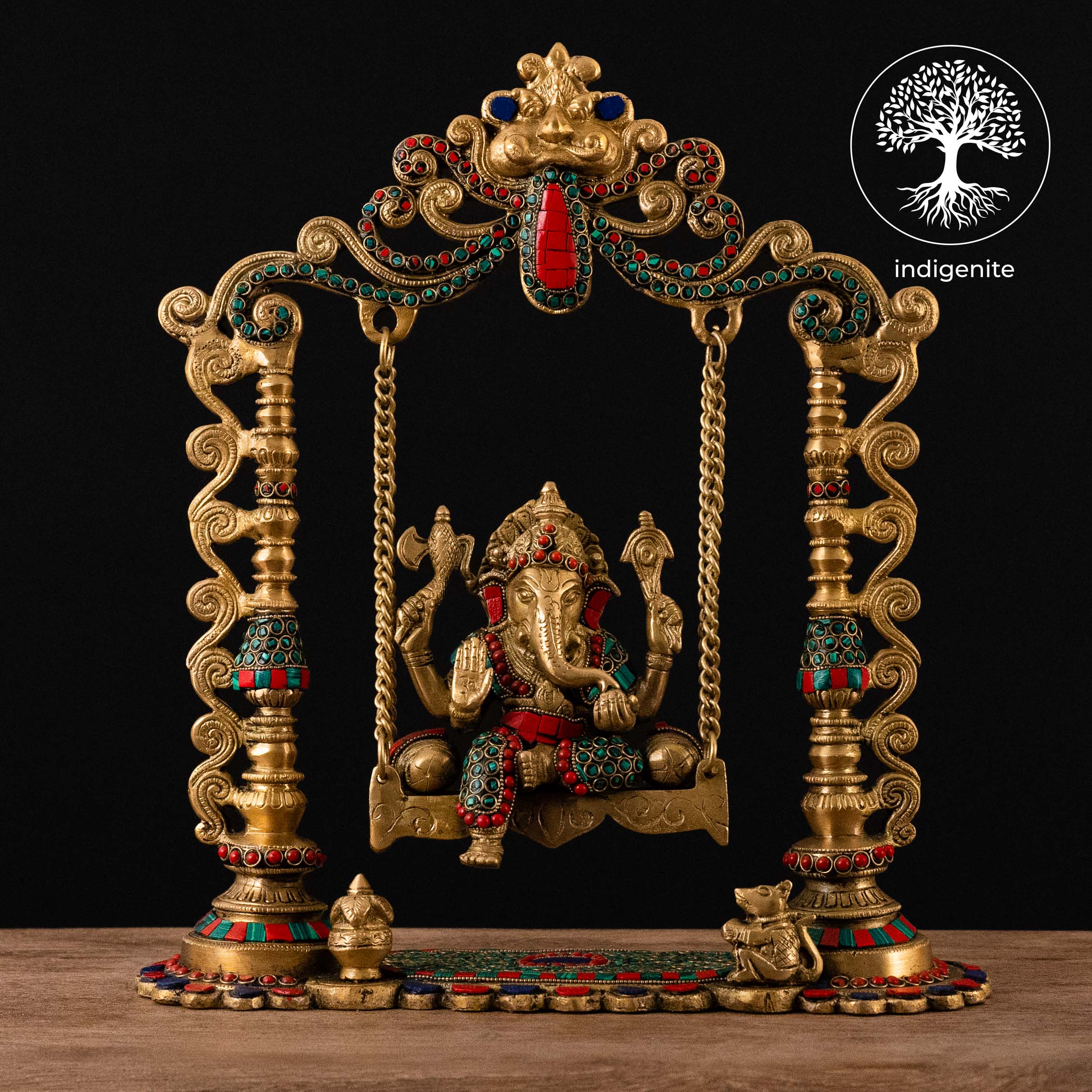 Lord Ganesh on Swing - Brass Statue with Stonework