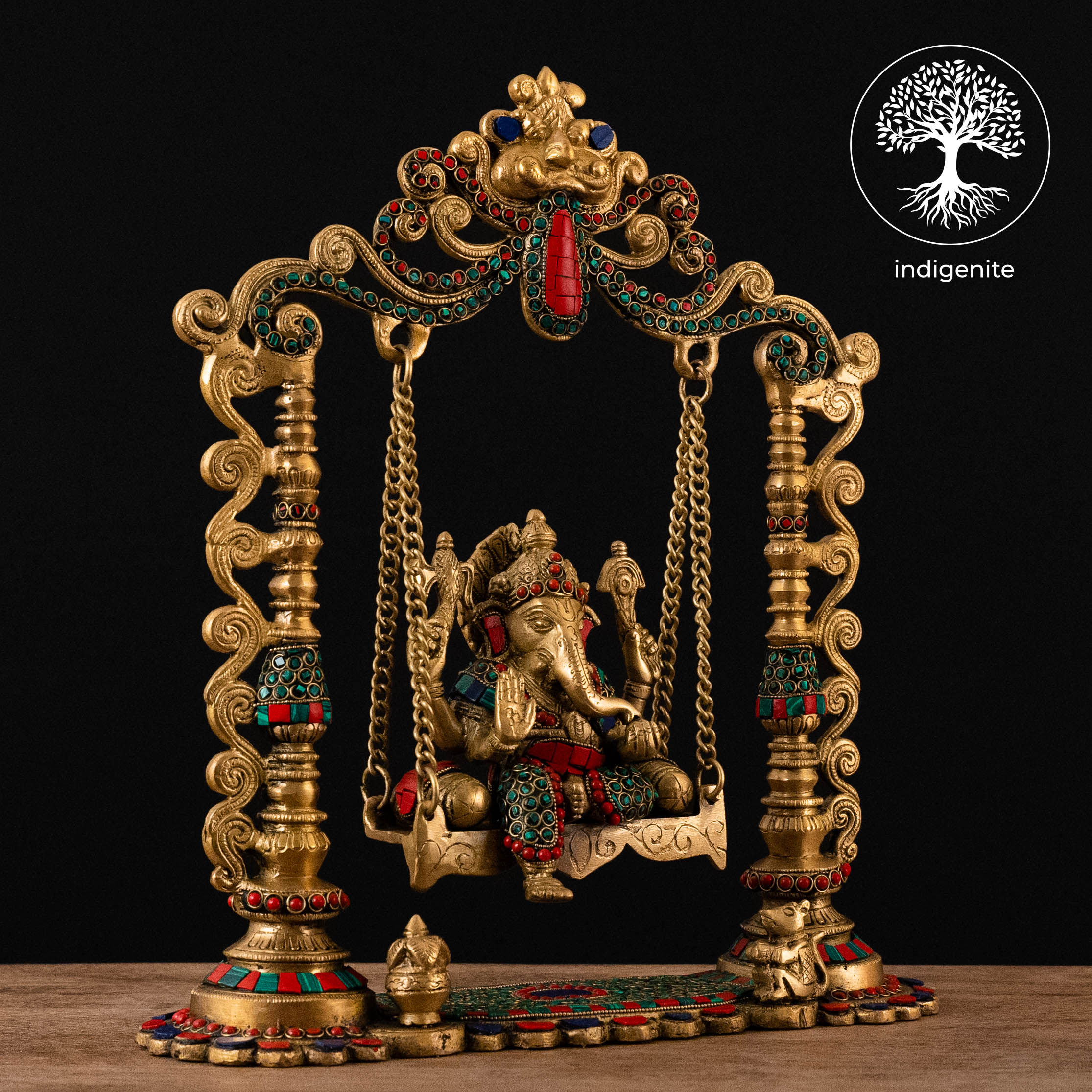 Lord Ganesh on Swing - Brass Statue with Stonework