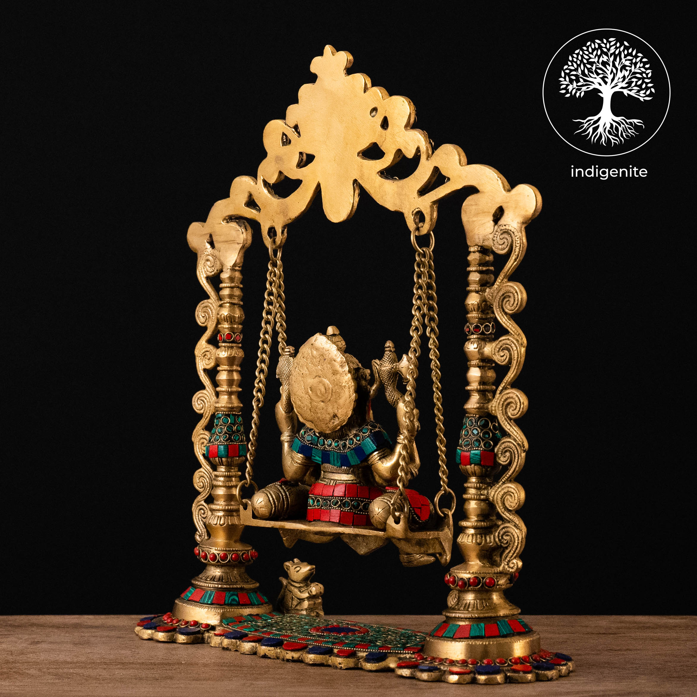 Lord Ganesh on Swing - Brass Statue with Stonework