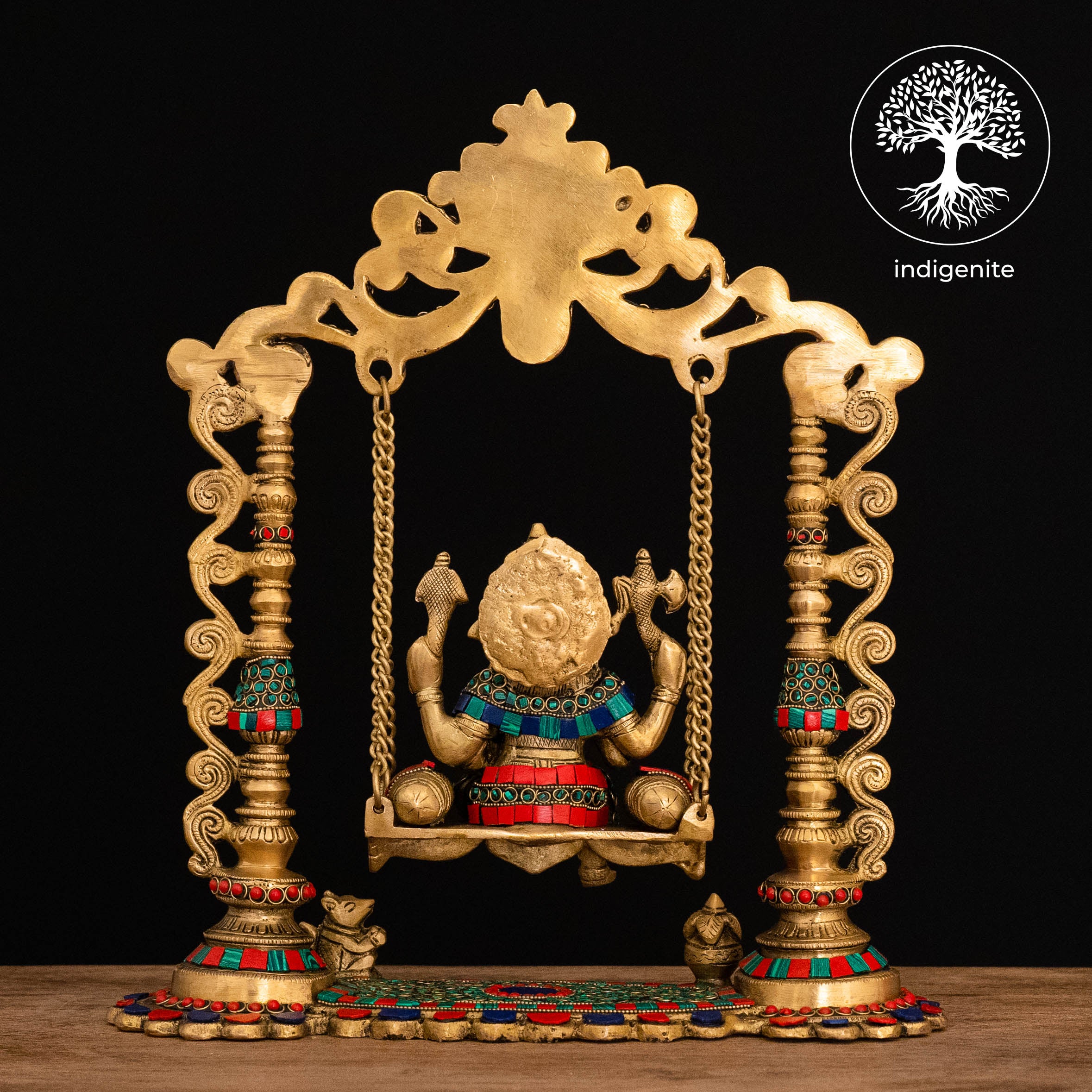 Lord Ganesh on Swing - Brass Statue with Stonework