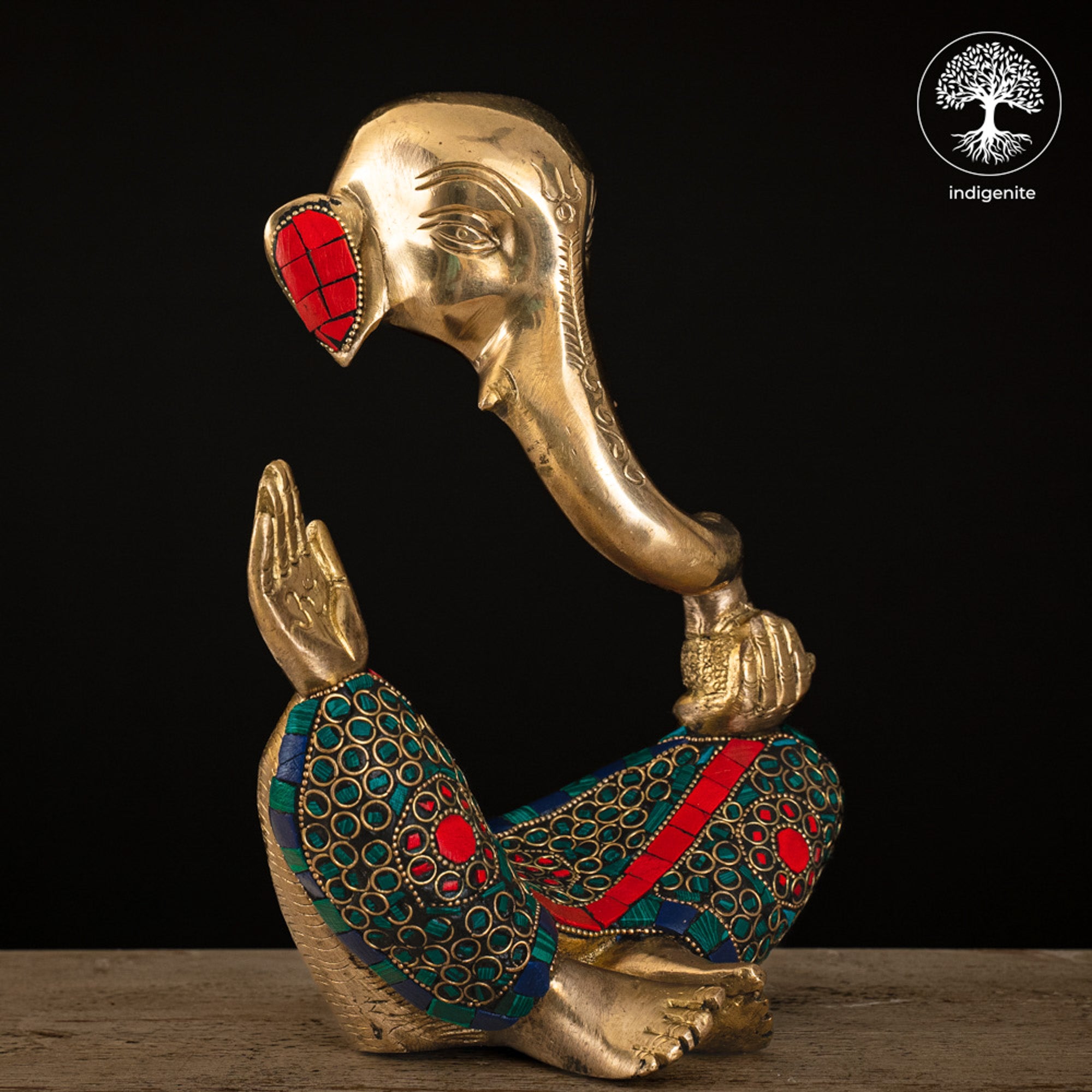 Modern Lord Ganesh Idol - Brass Statue with Stonework