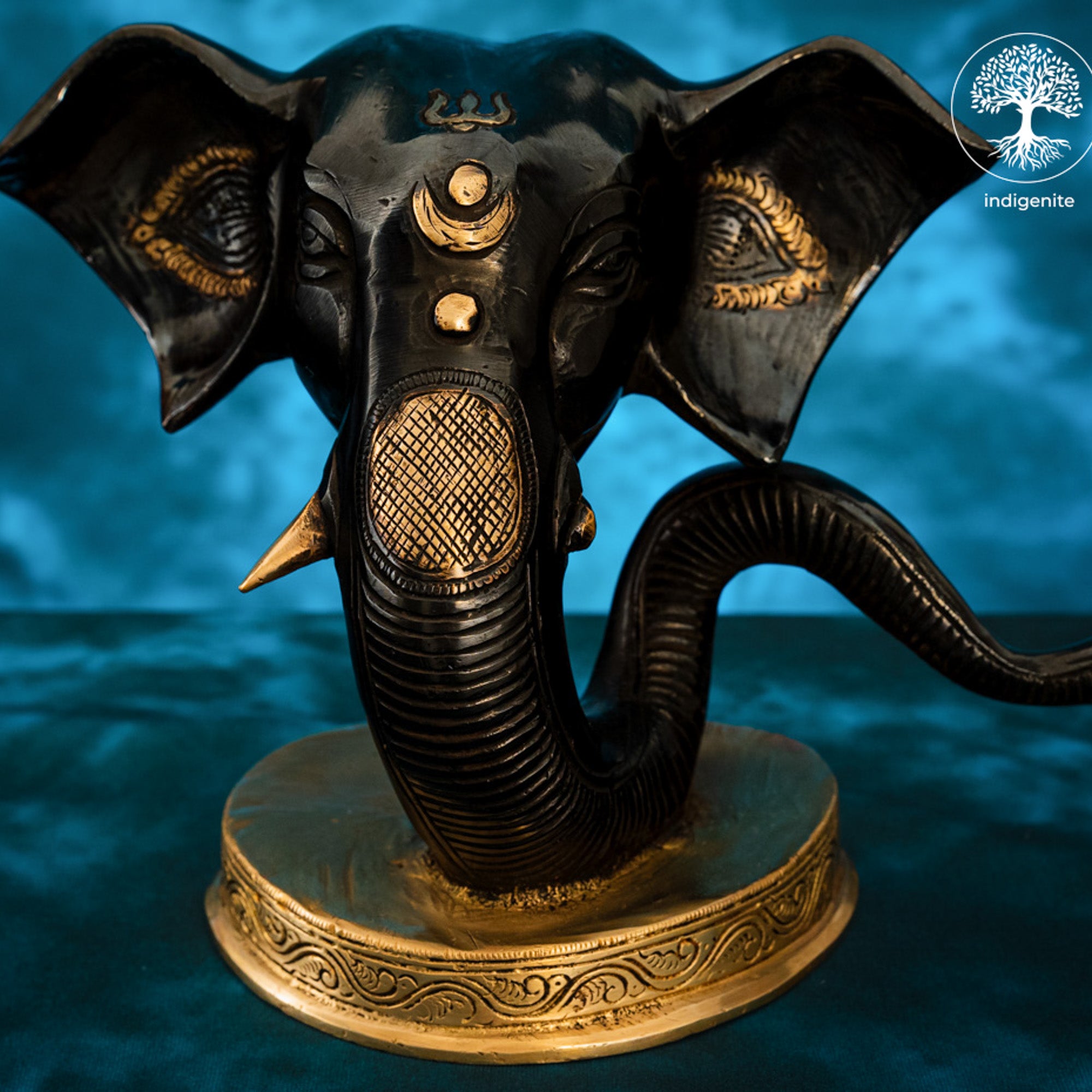 Modern Lord Ganesh Mukh Idol - Brass Staute in Black and Gold Hues