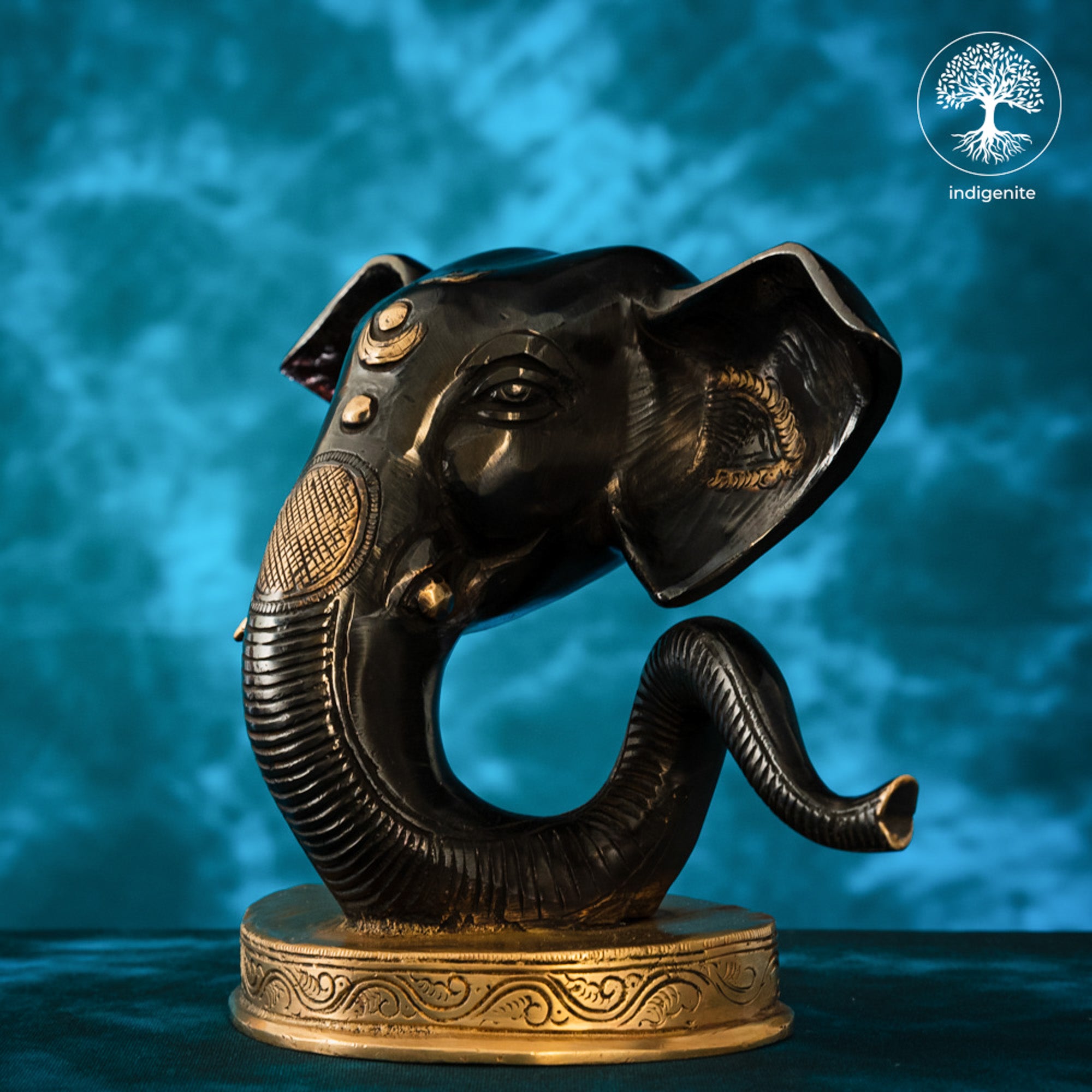 Modern Lord Ganesh Mukh Idol - Brass Staute in Black and Gold Hues