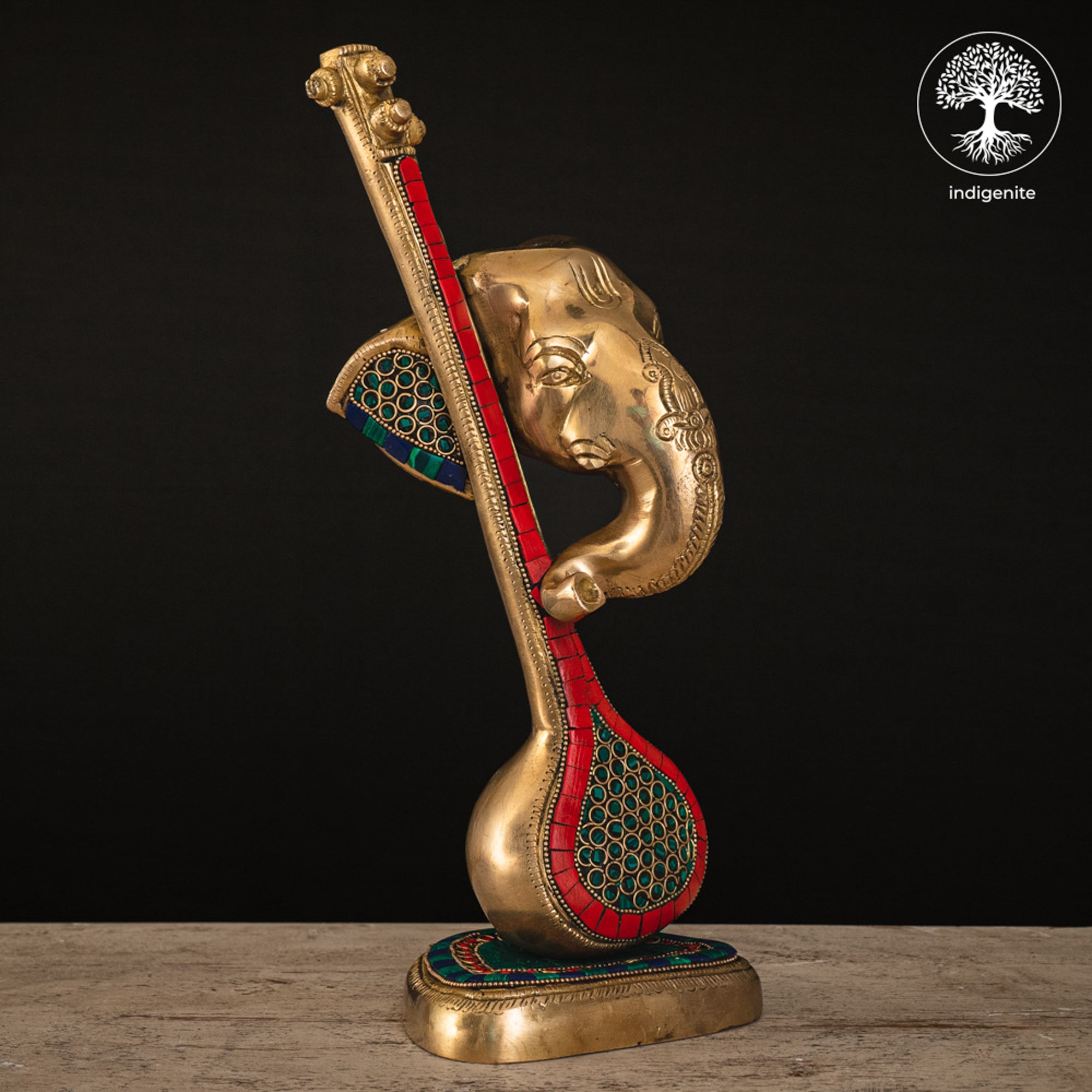Modern Lord Ganesh Mukh with Veena Idol - Brass Staute with Stonework