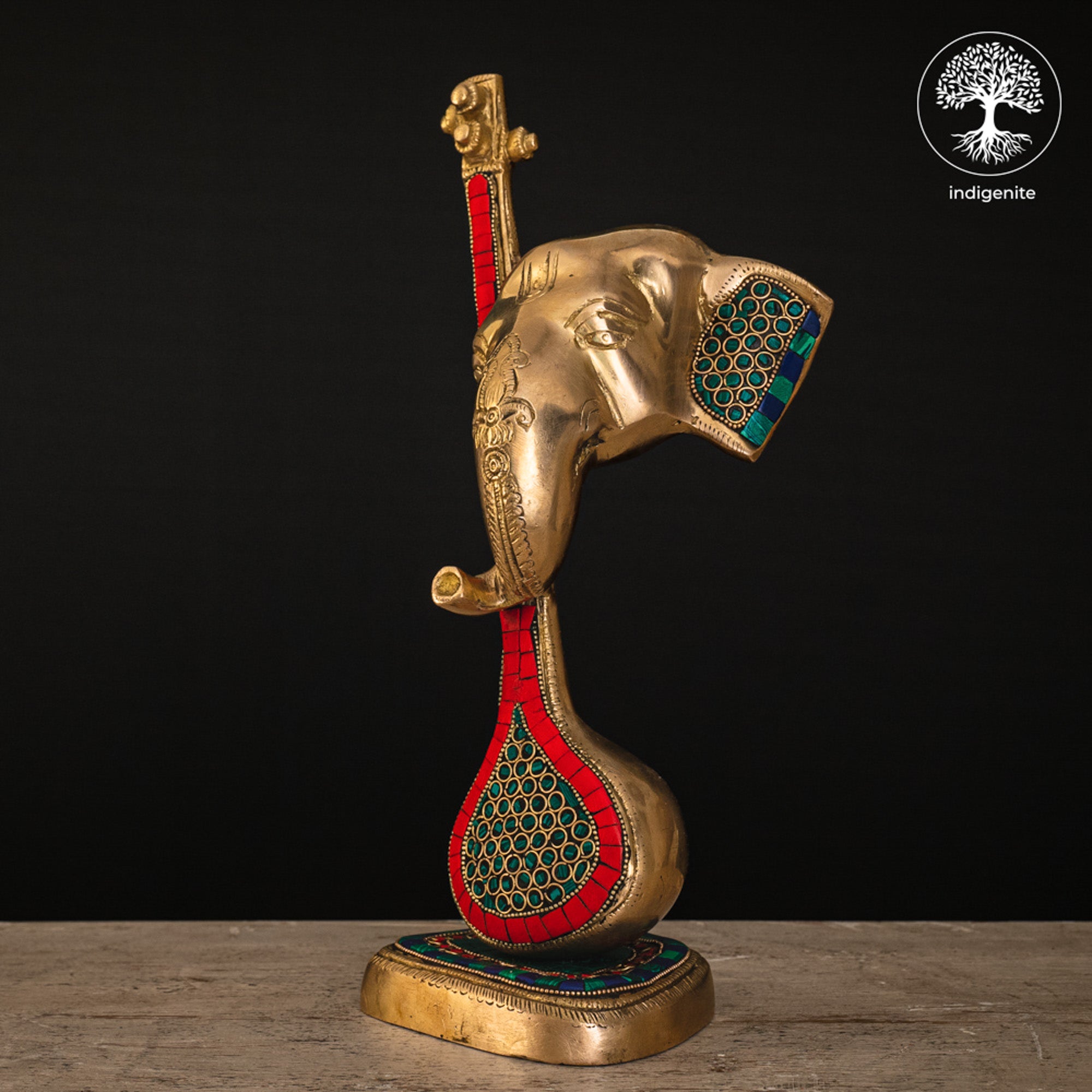 Modern Lord Ganesh Mukh with Veena Idol - Brass Staute with Stonework