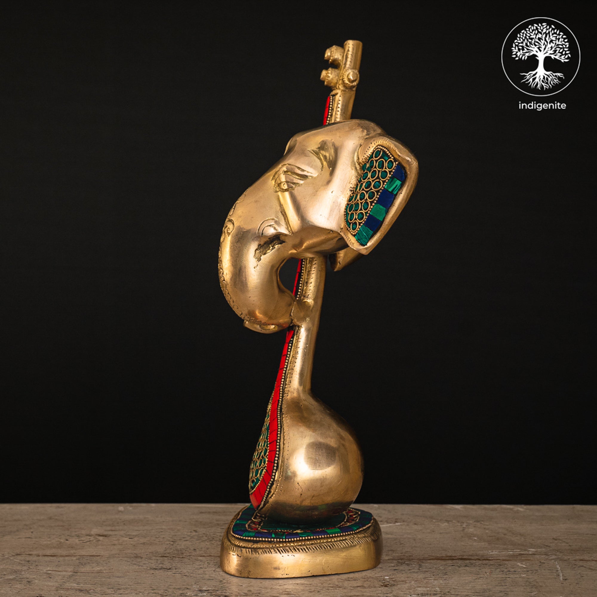 Modern Lord Ganesh Mukh with Veena Idol - Brass Staute with Stonework