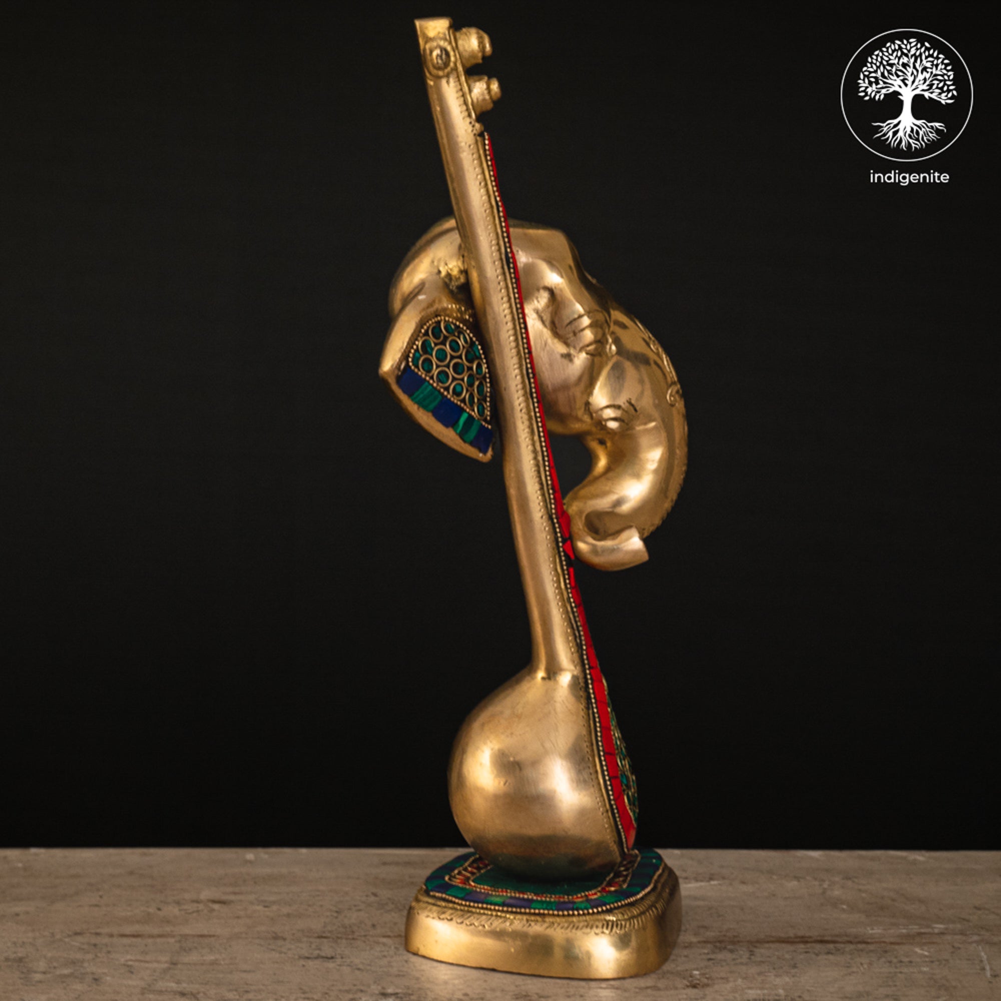 Modern Lord Ganesh Mukh with Veena Idol - Brass Staute with Stonework