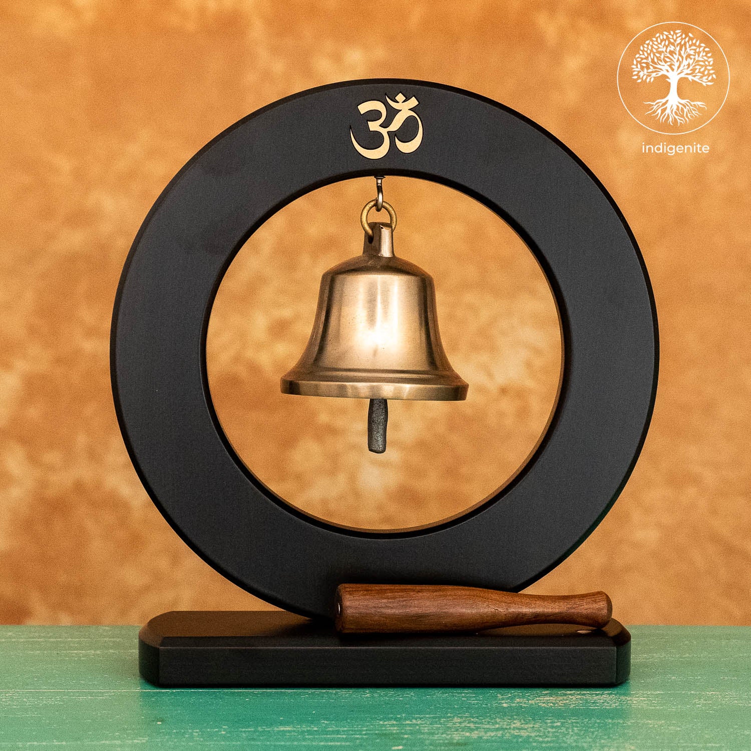 Om Bell in Wooden Base - Brass Decorative