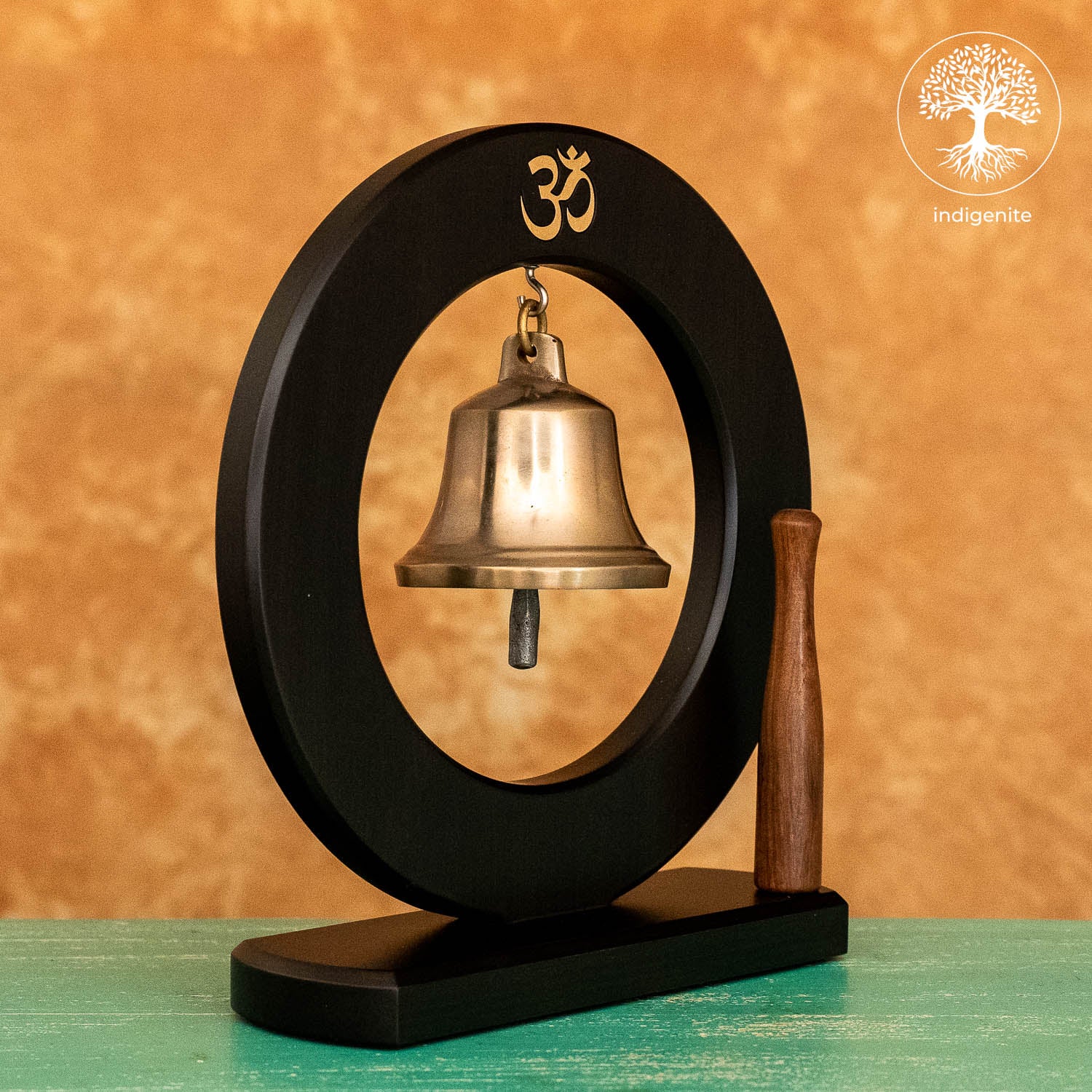 Om Bell in Wooden Base - Brass Decorative