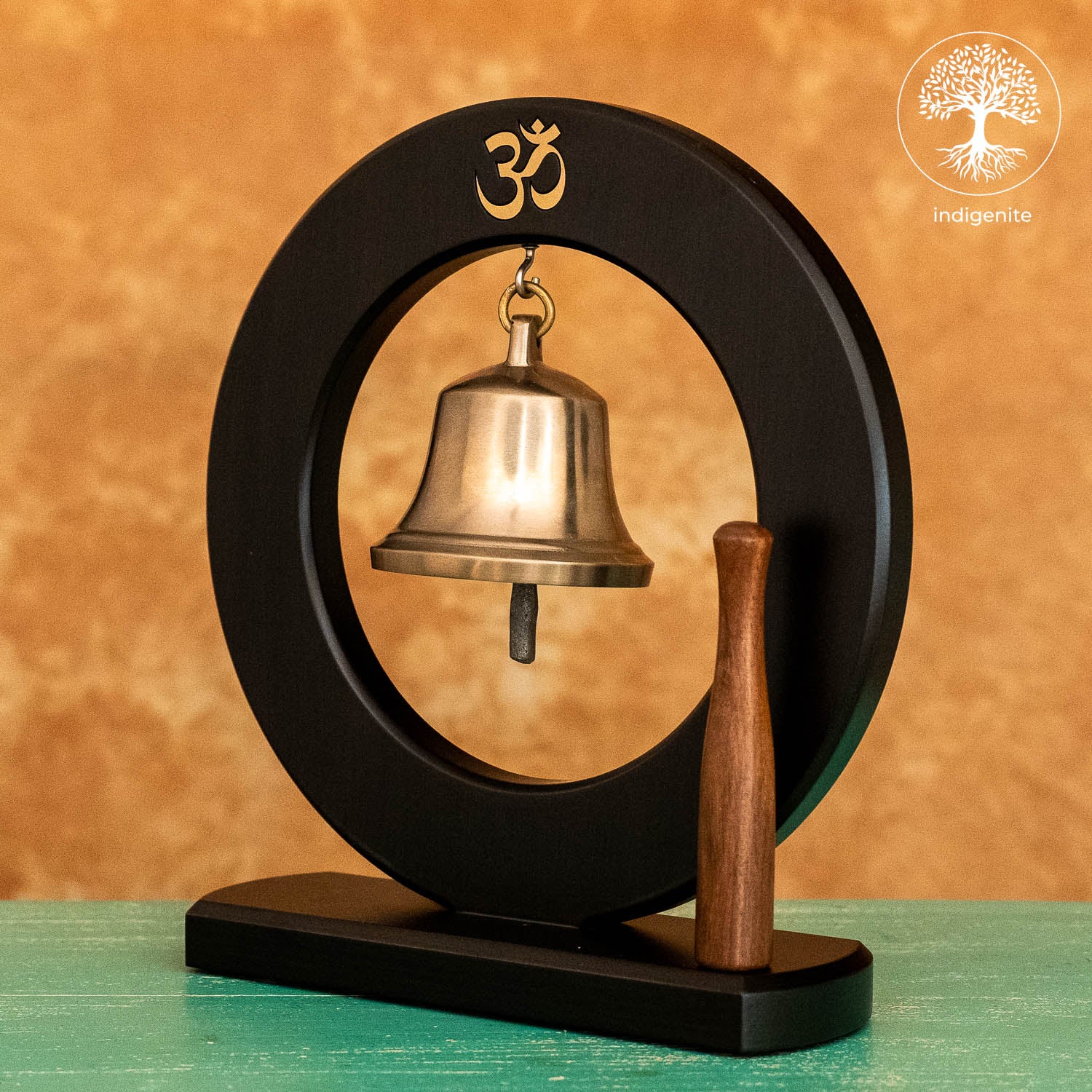 Om Bell in Wooden Base - Brass Decorative