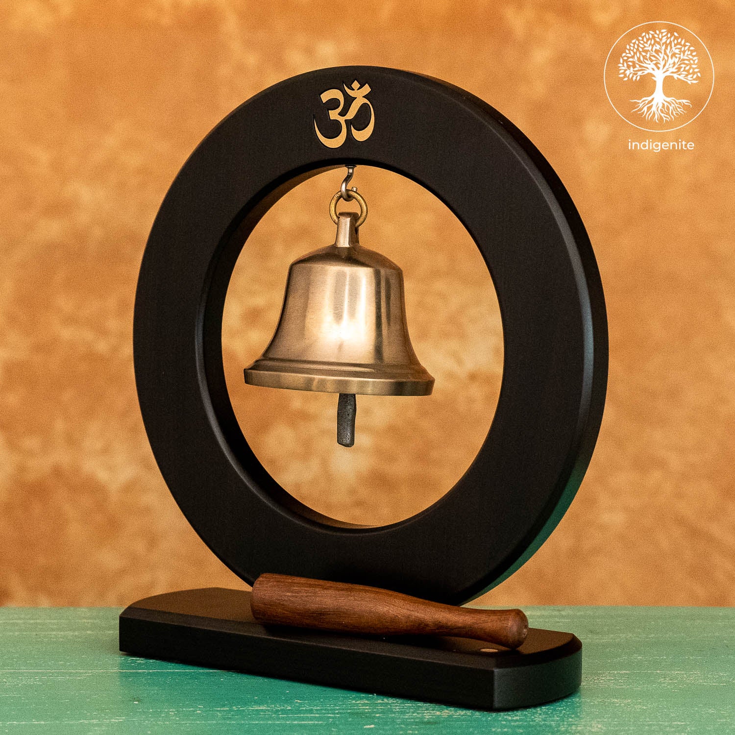 Om Bell in Wooden Base - Brass Decorative