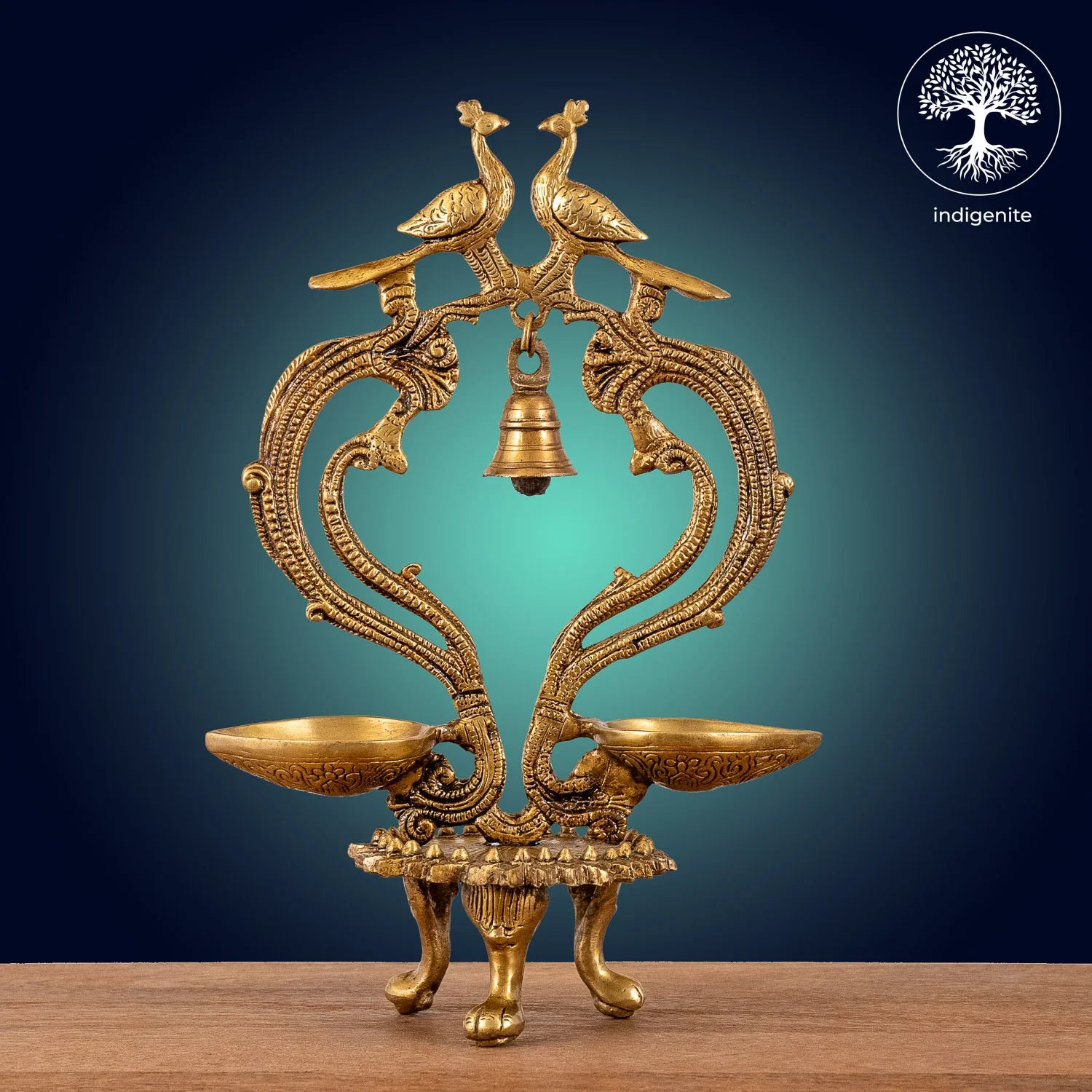 Peacock with Bell Over Two Diya - Brass Decorative