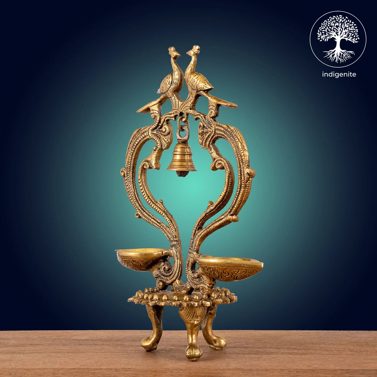 Peacock with Bell Over Two Diya - Brass Decorative