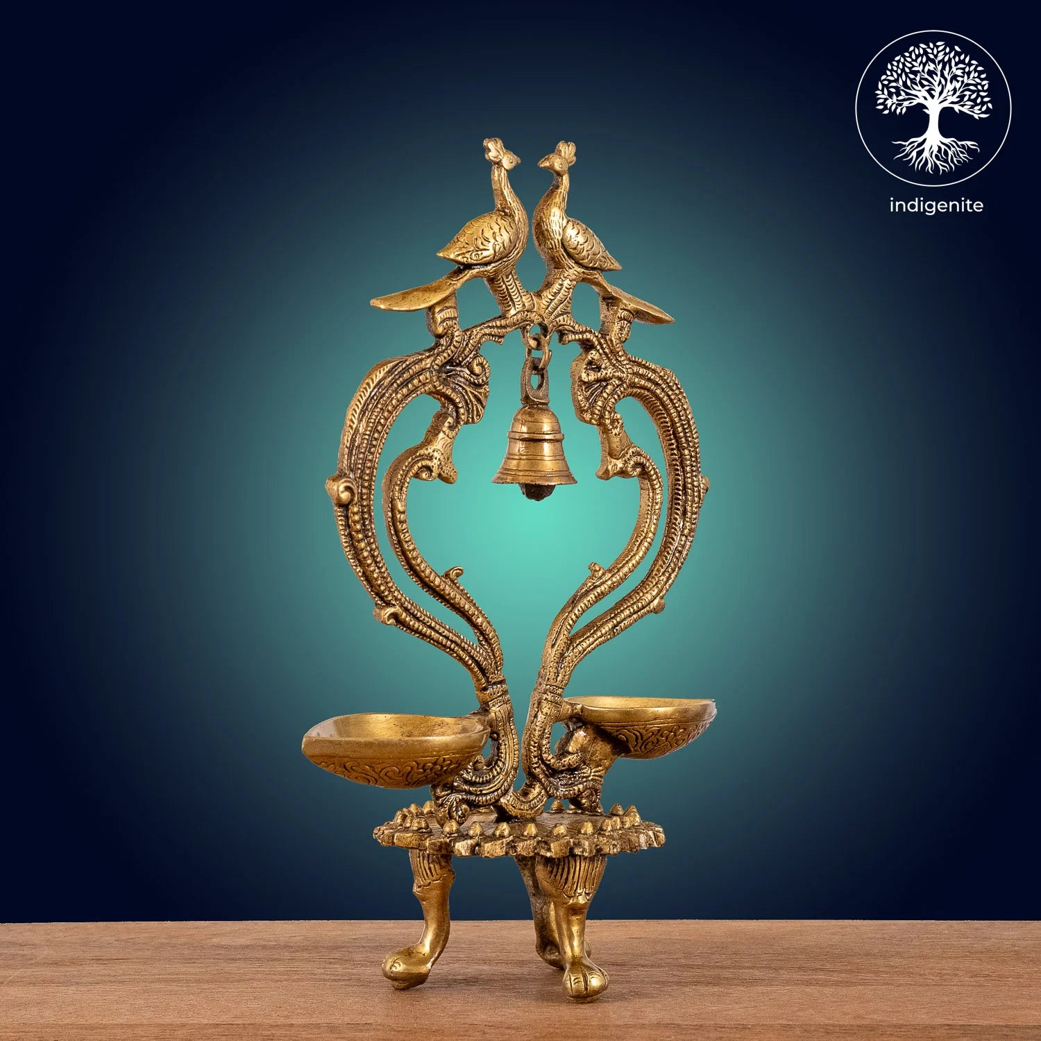 Peacock with Bell Over Two Diya - Brass Decorative