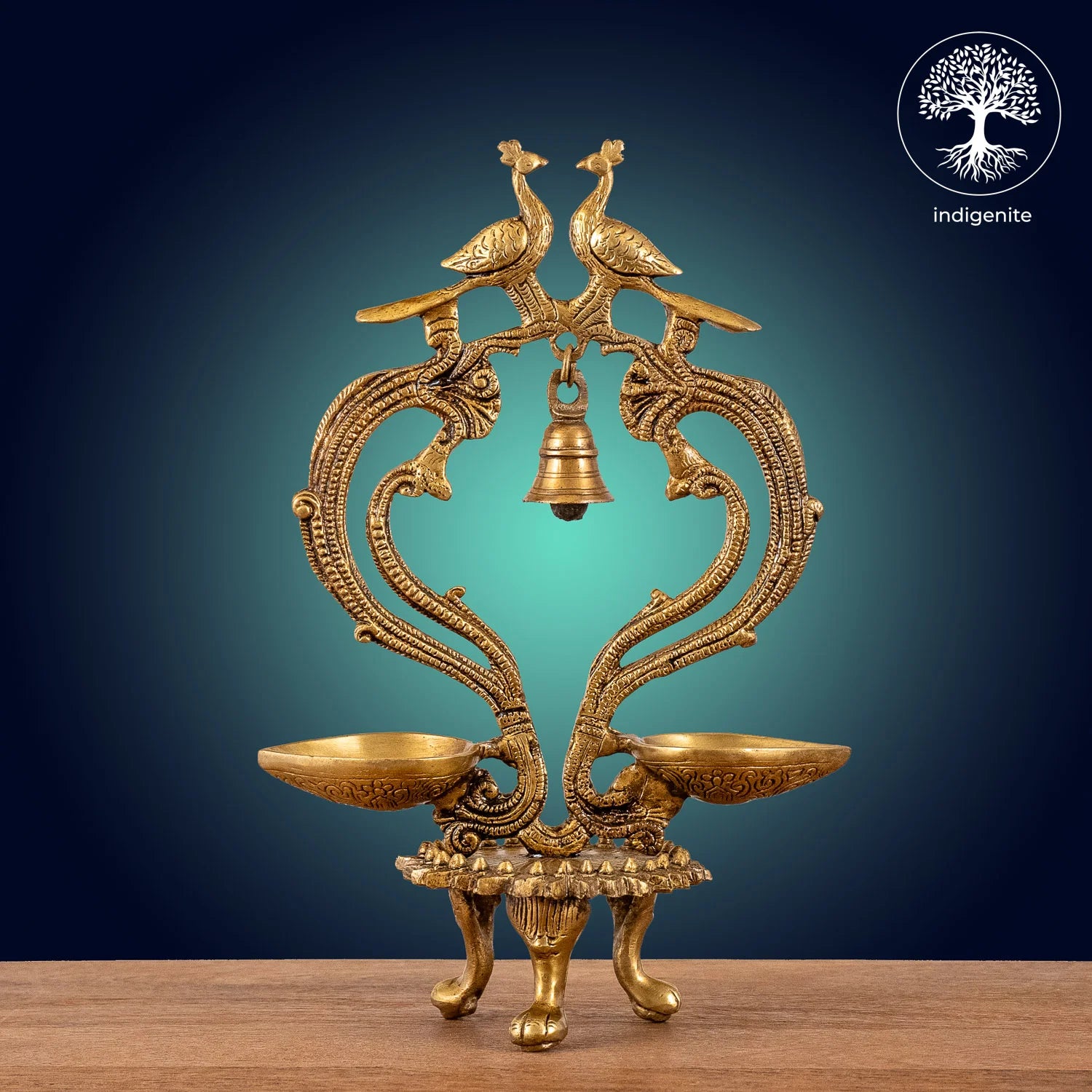 Peacock with Bell Over Two Diya - Brass Decorative