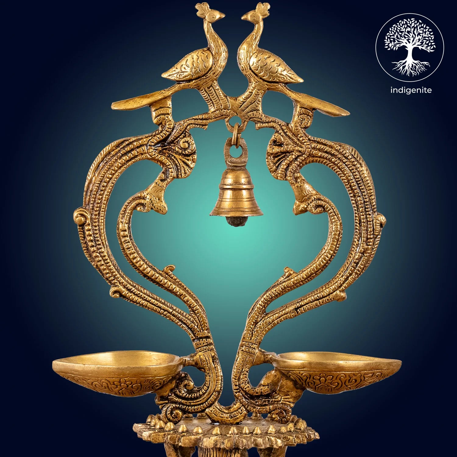 Peacock with Bell Over Two Diya - Brass Decorative