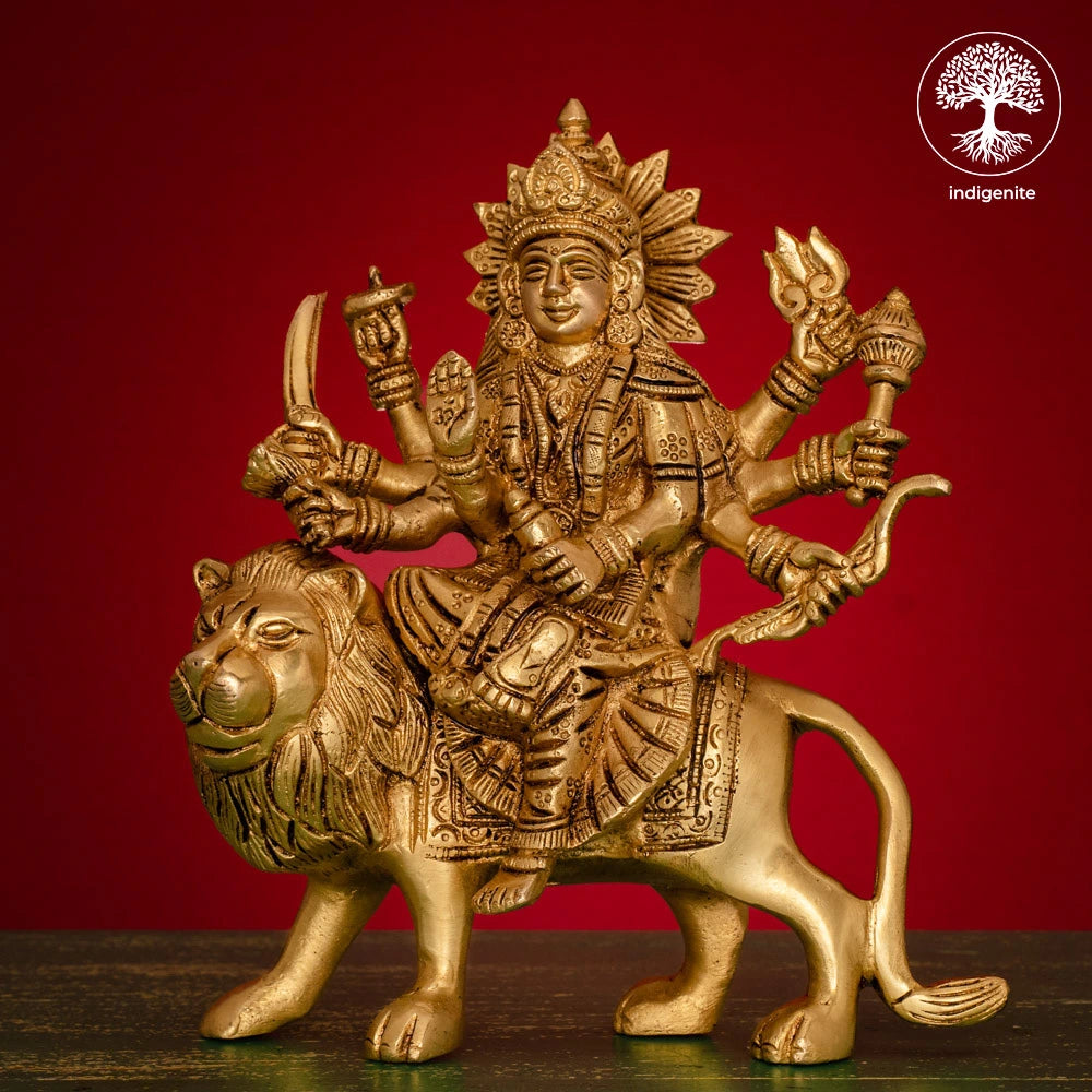Goddess Durga Idol on Lion - Brass Statue | 8 Inch