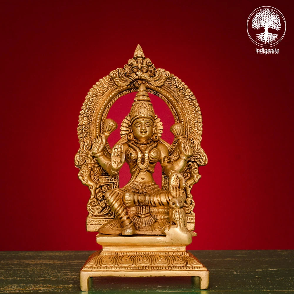 Goddess Lakshmi Idol Sitting on Singhasan- Brass Statue