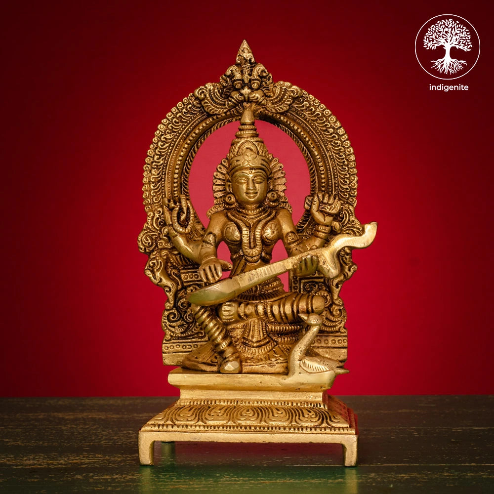 Goddess Saraswati Idol Sitting on Singhasan - Brass Statue