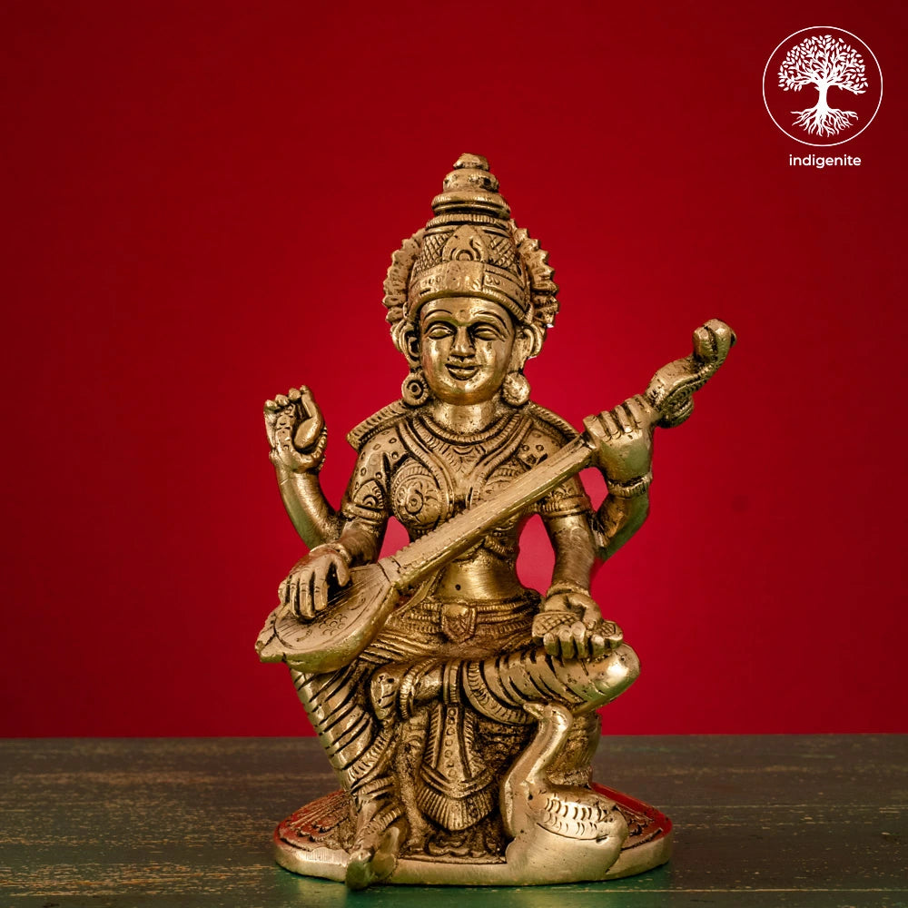 Goddess Saraswati Idol with Base - Brass Statue