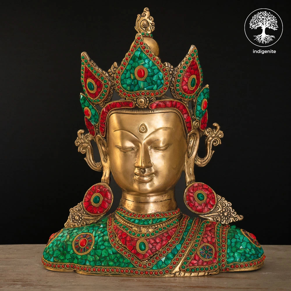 Goddess Tara Bust - Brass Statue with Stonework