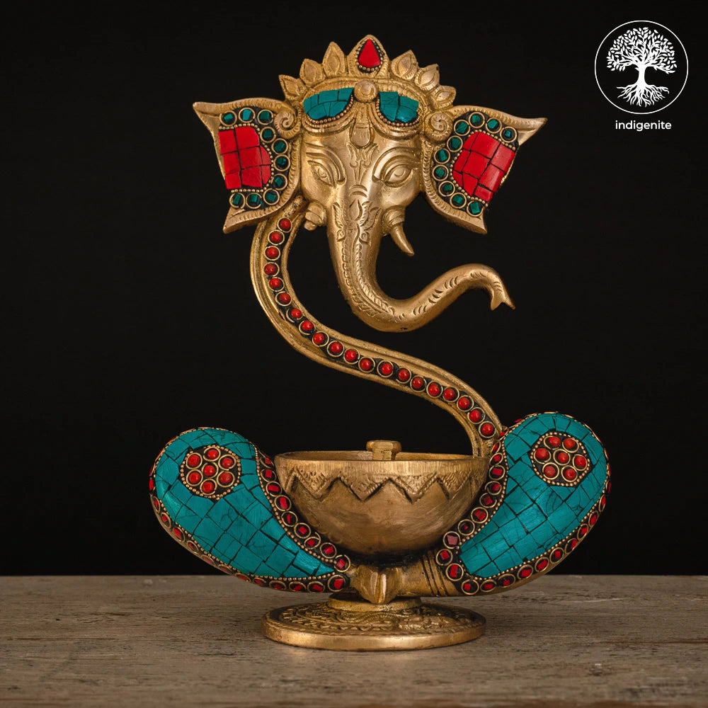 Lord Ganesh Diya - Brass Staue with Stonework