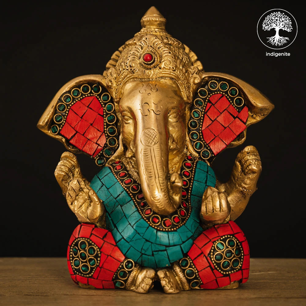 Lord Ganesh Idol - Brass Statue with Mosaic