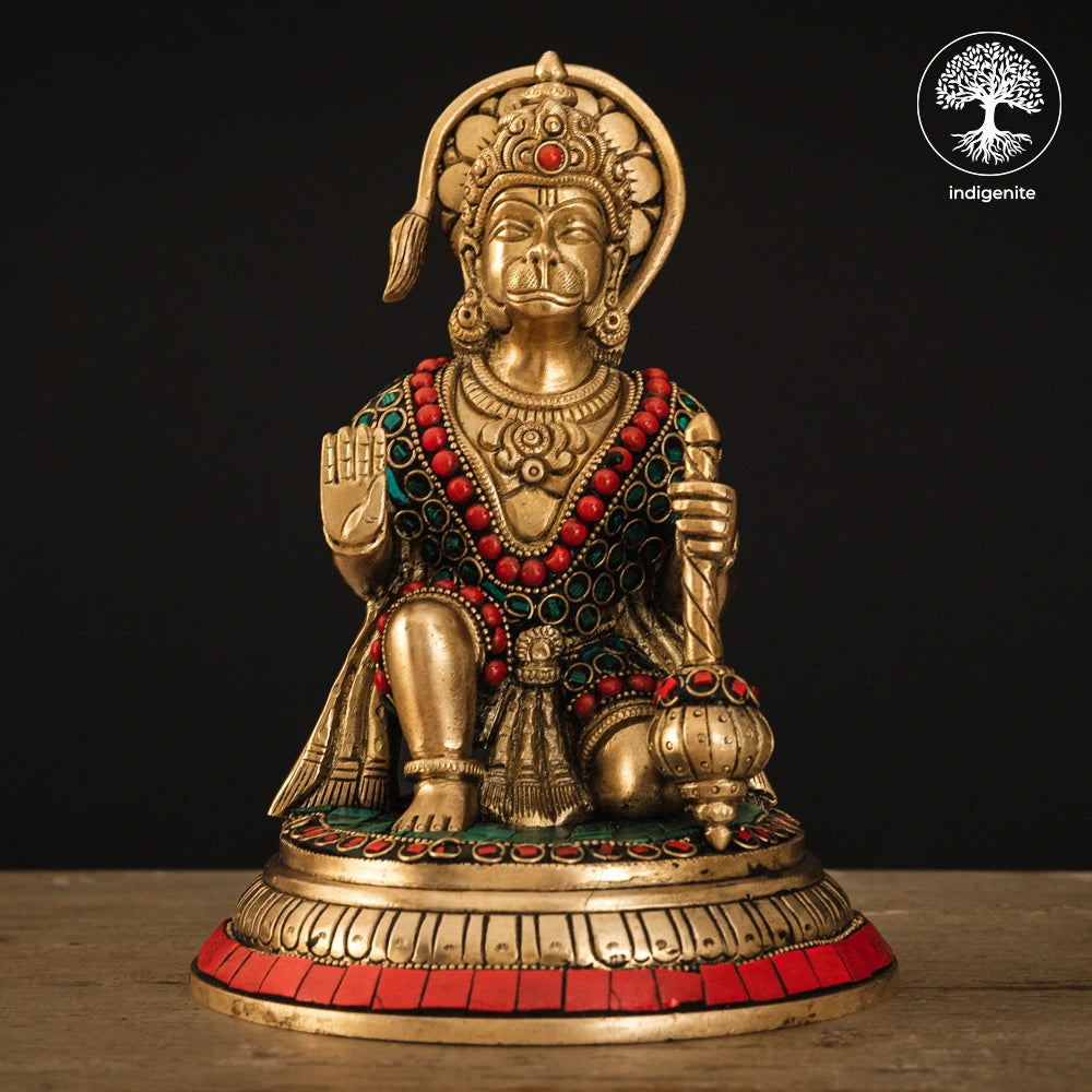 Lord Hanuman Idol - Brass Statue with Stonework