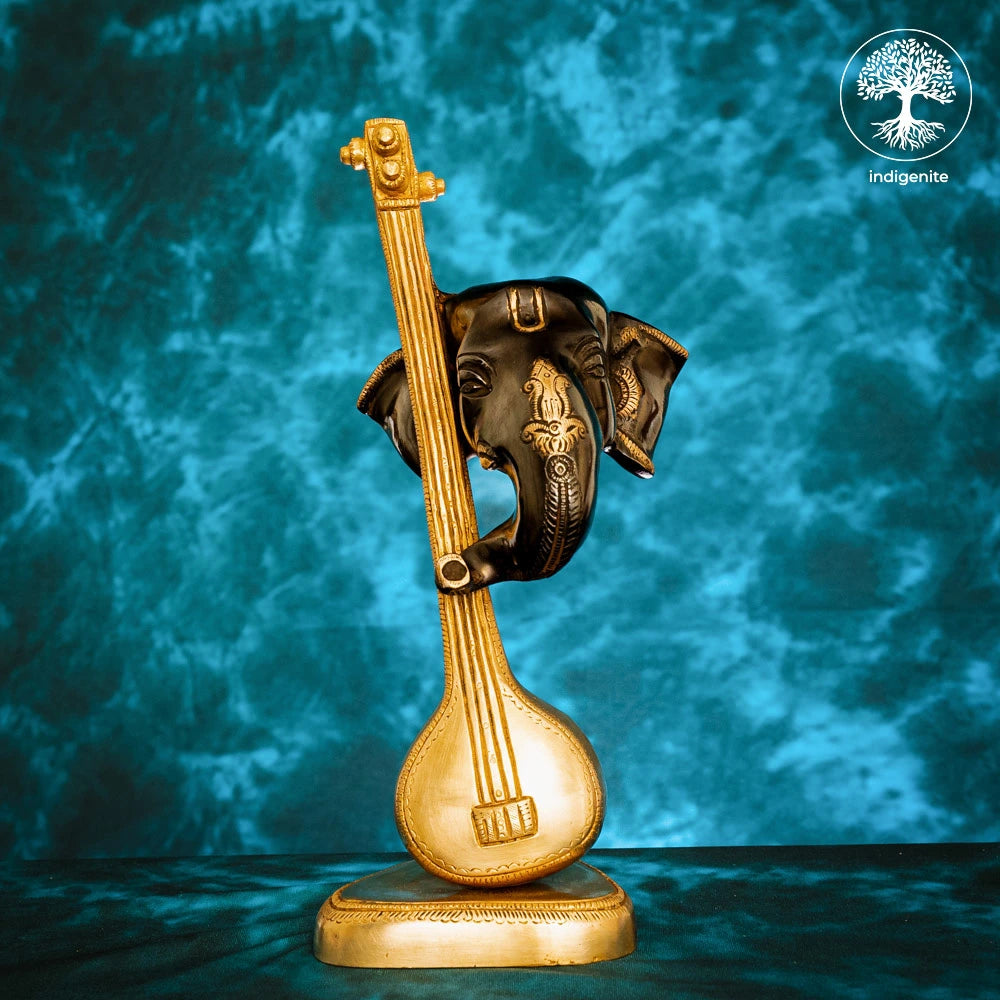 Modern Lord Ganesh Mukh with Veena Idol - Brass Staute in Black and Gold Hues