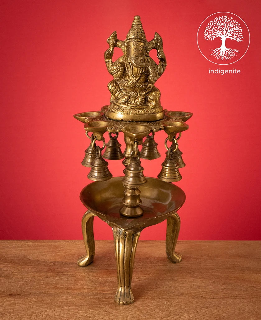 Lord Ganesh Diya Stand with Bells - Brass Decorative