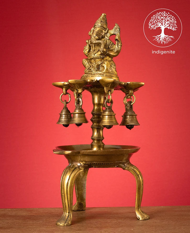 Lord Ganesh Diya Stand with Bells - Brass Decorative