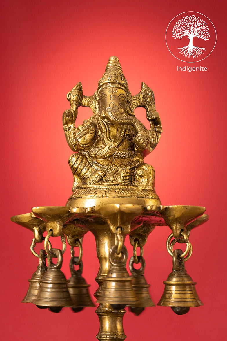 Lord Ganesh Diya Stand with Bells - Brass Decorative