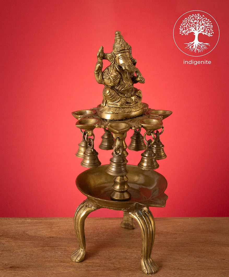 Lord Ganesh Diya Stand with Bells - Brass Decorative