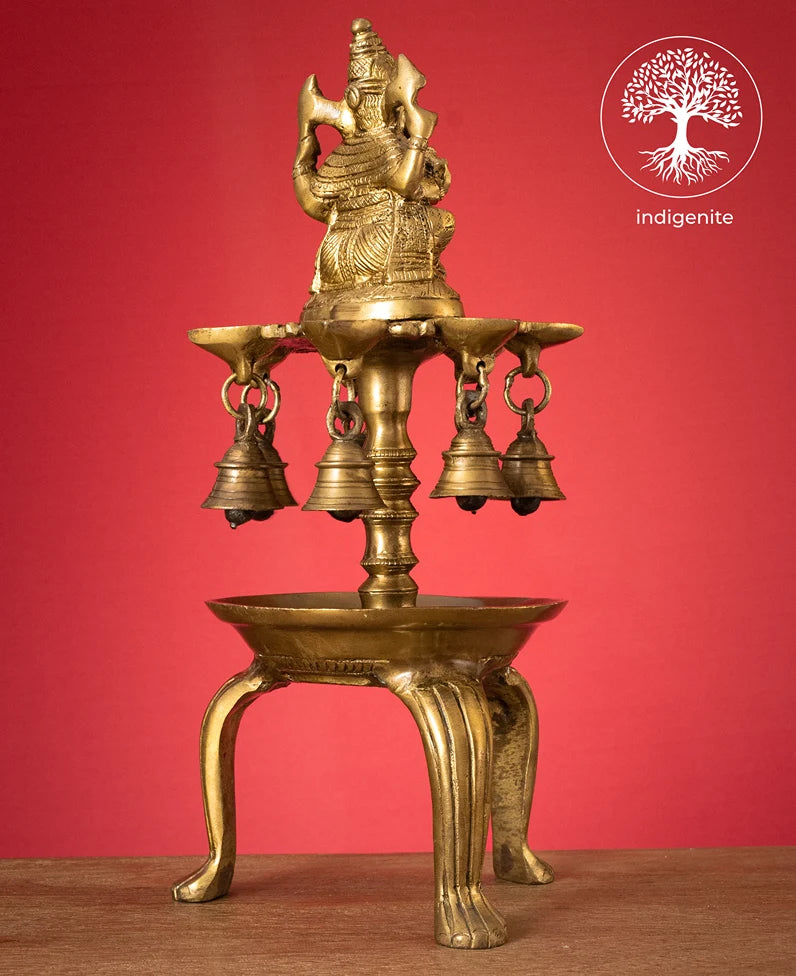 Lord Ganesh Diya Stand with Bells - Brass Decorative