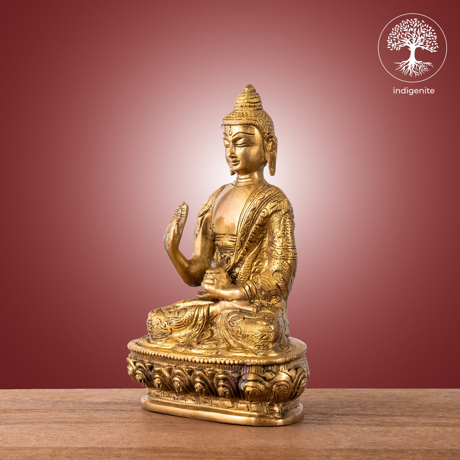 Antique Lord Buddha Sitting In Abhaya Mudra with Base - Brass Statue | 8.5 Inch