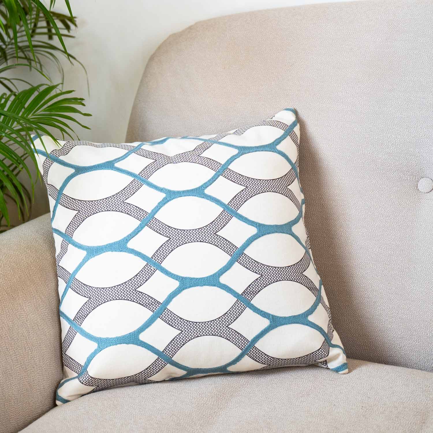 Blue and White Embroidered Wave Cushion Cover (Set of 2)