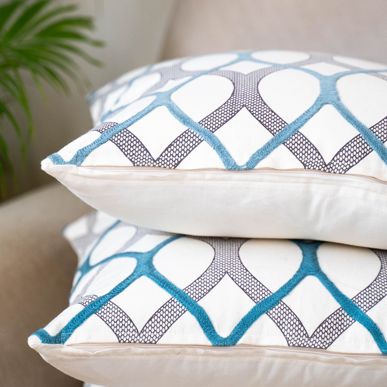 Blue and White Embroidered Wave Cushion Cover (Set of 2)