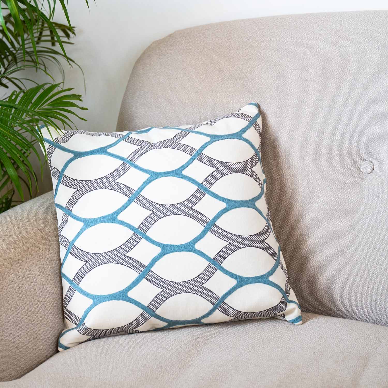 Blue and White Embroidered Wave Cushion Cover (Set of 2)