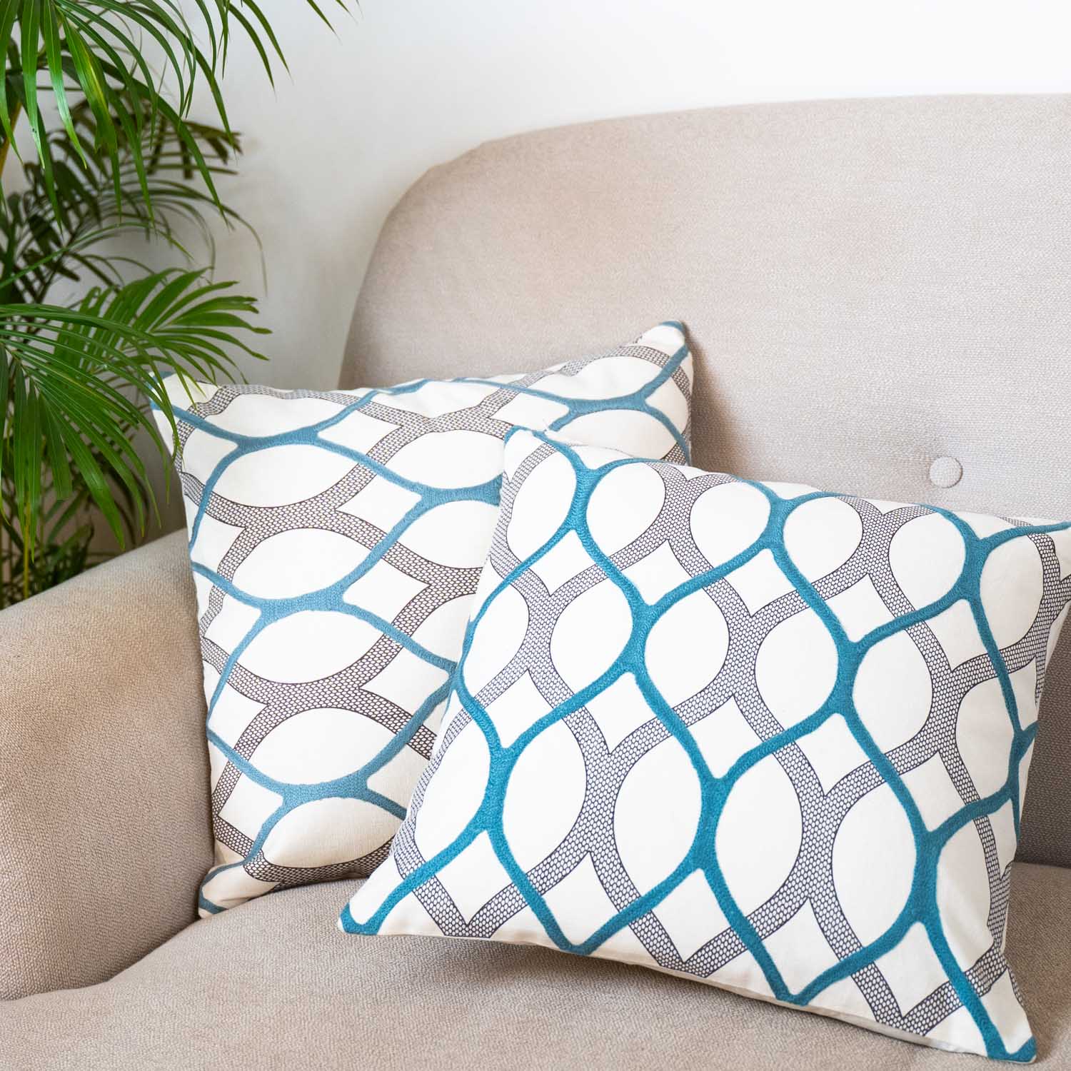 Blue and White Embroidered Wave Cushion Cover (Set of 2)