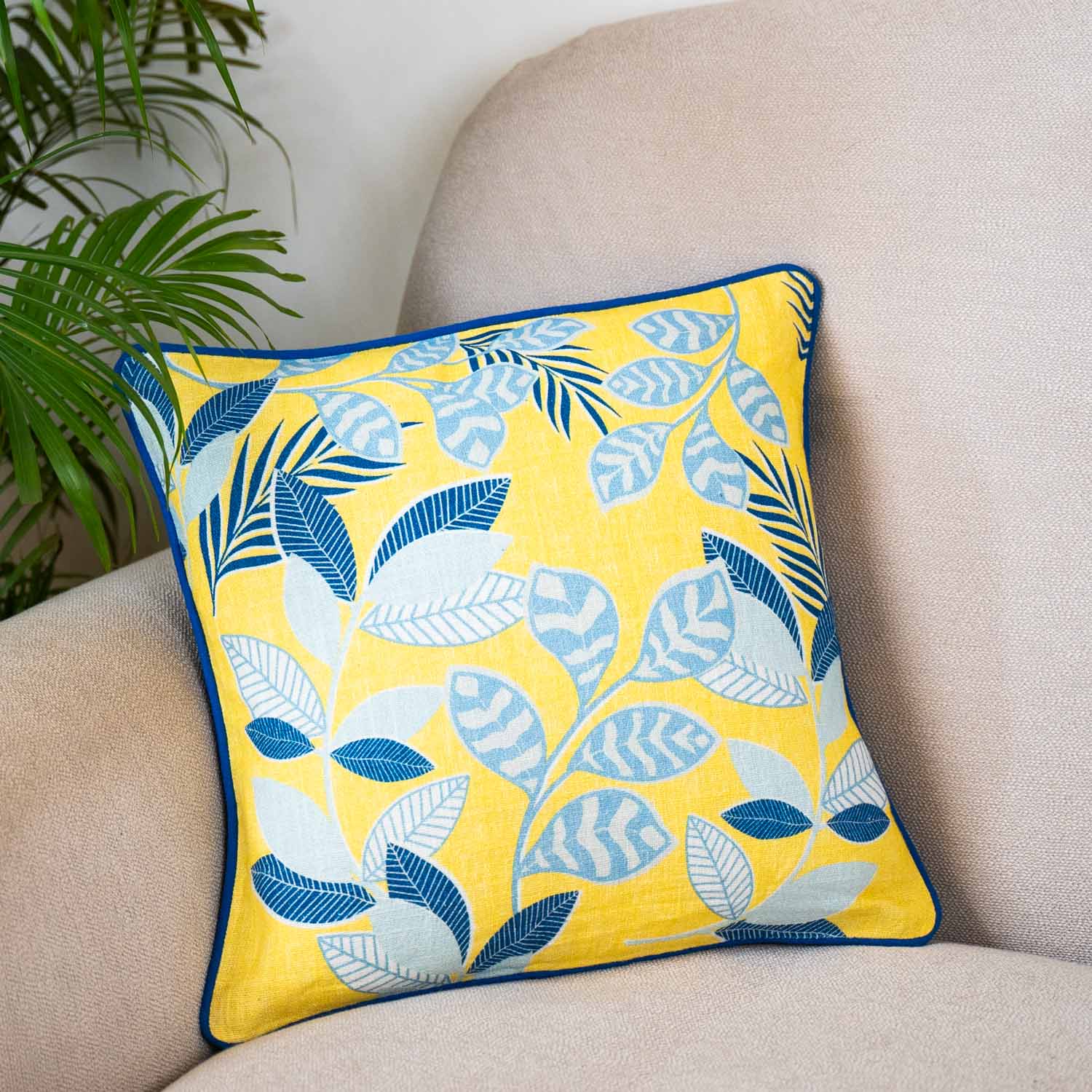 Bright Yellow & Blue Leaf Pattern Cushion Cover (Set of 2)