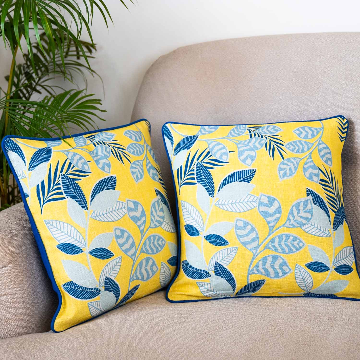 Bright Yellow & Blue Leaf Pattern Cushion Cover (Set of 2)